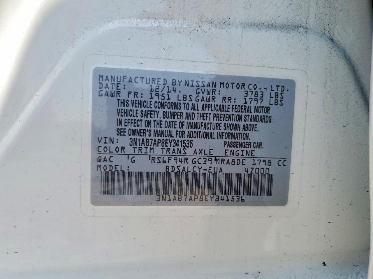 2014 Nissan Sentra S White vin: 3N1AB7AP8EY341536