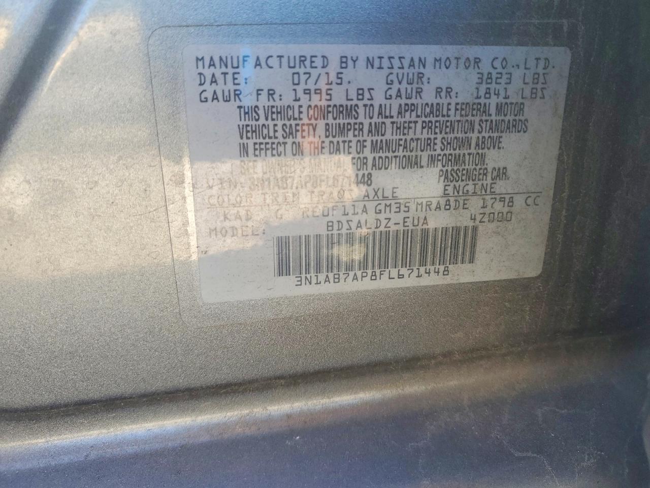 2015 Nissan Sentra Sv Gray vin: 3N1AB7AP8FL671448