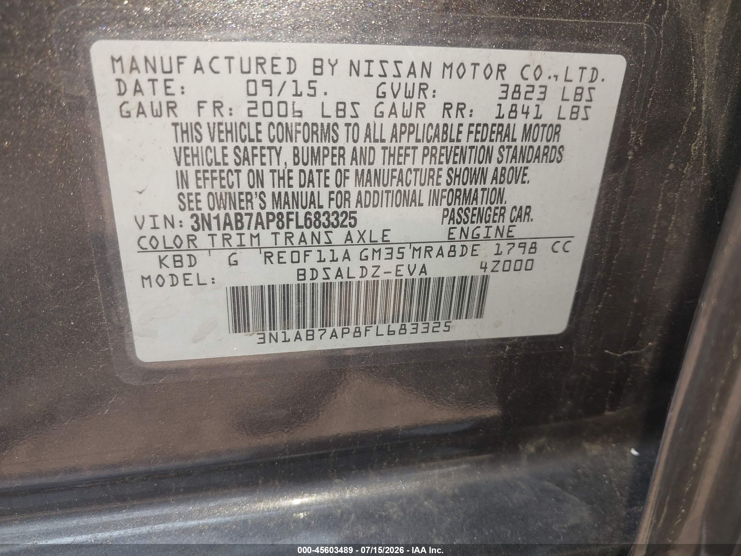 2015 Nissan Sentra Sv Gray vin: 3N1AB7AP8FL683325