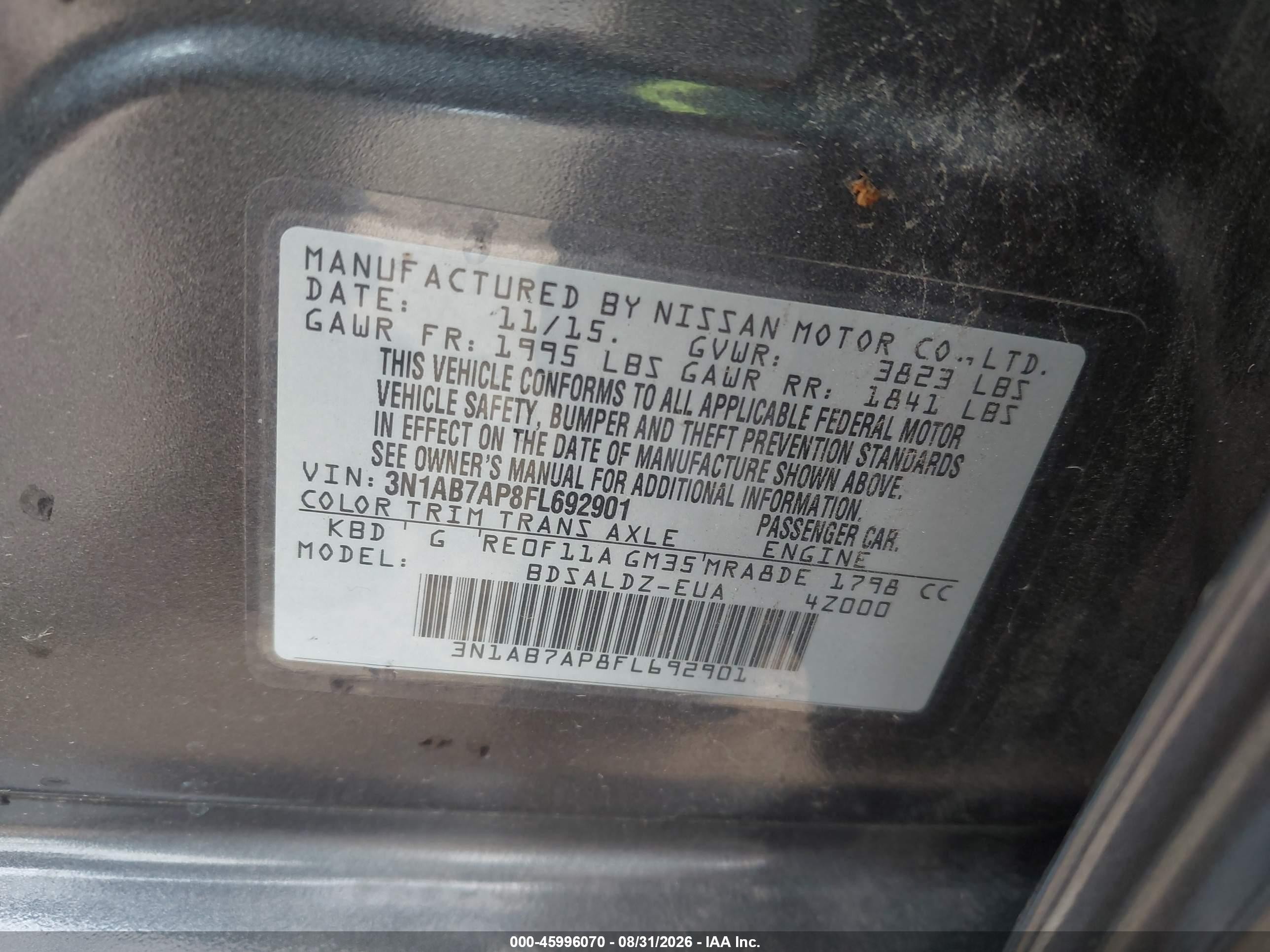 2015 Nissan Sentra Sv Gray vin: 3N1AB7AP8FL692901
