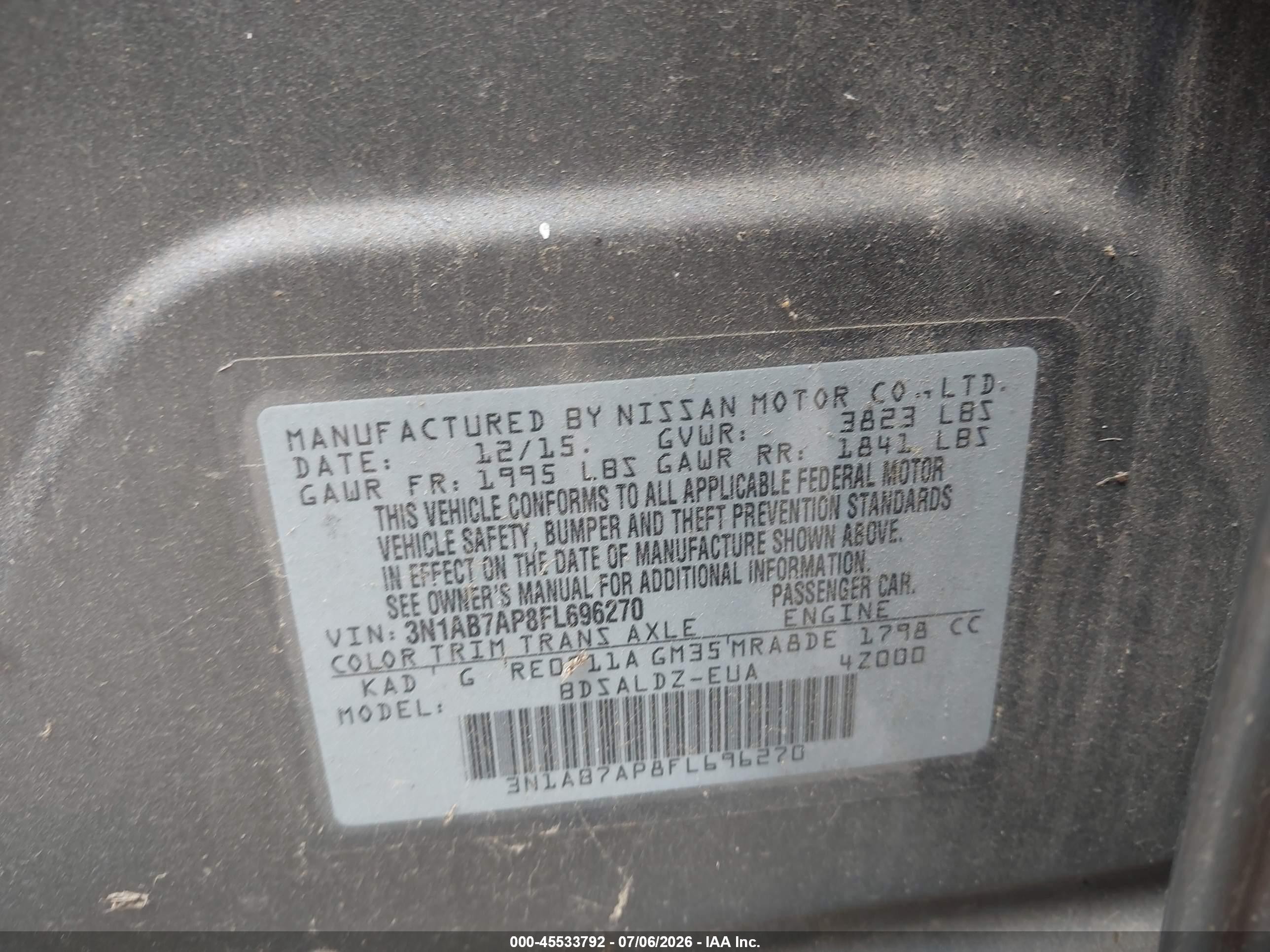 2015 Nissan Sentra Sv Gray vin: 3N1AB7AP8FL696270