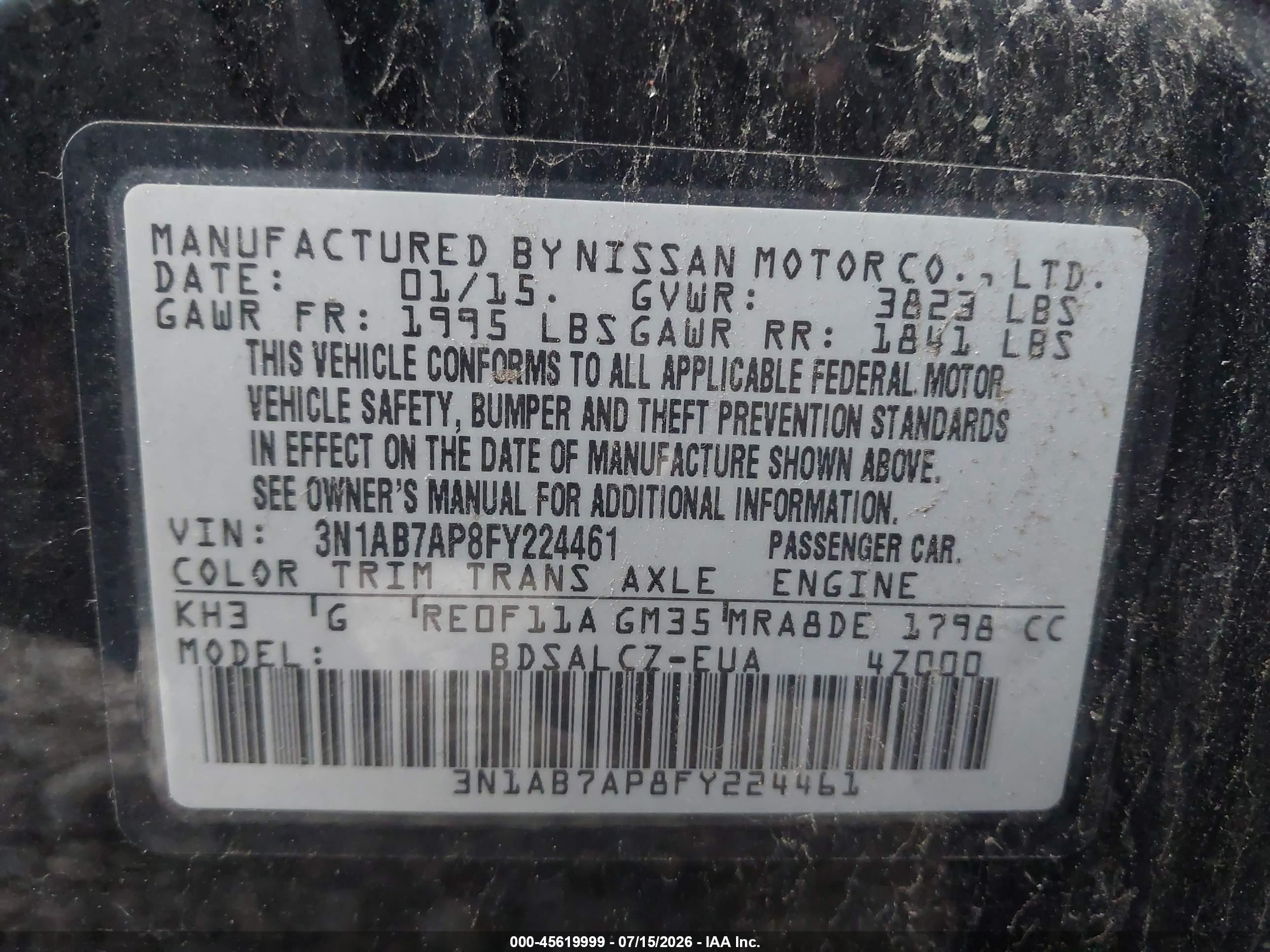 2015 Nissan Sentra S Black vin: 3N1AB7AP8FY224461