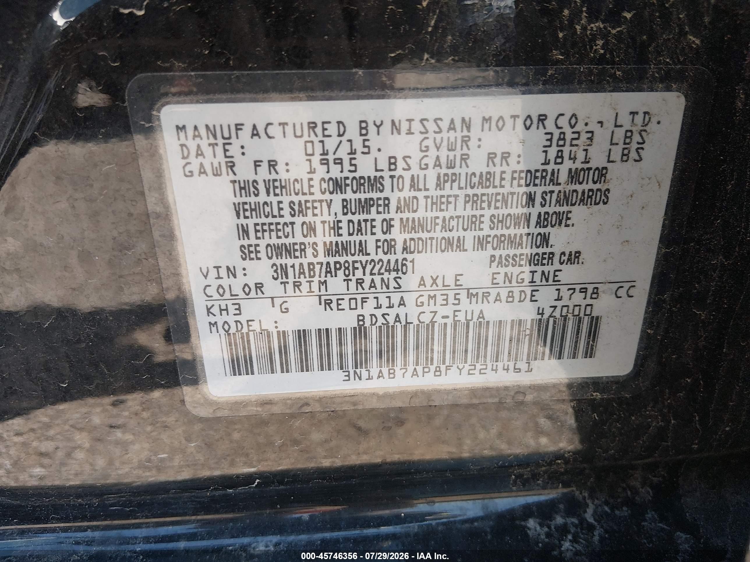 2015 Nissan Sentra S Black vin: 3N1AB7AP8FY224461
