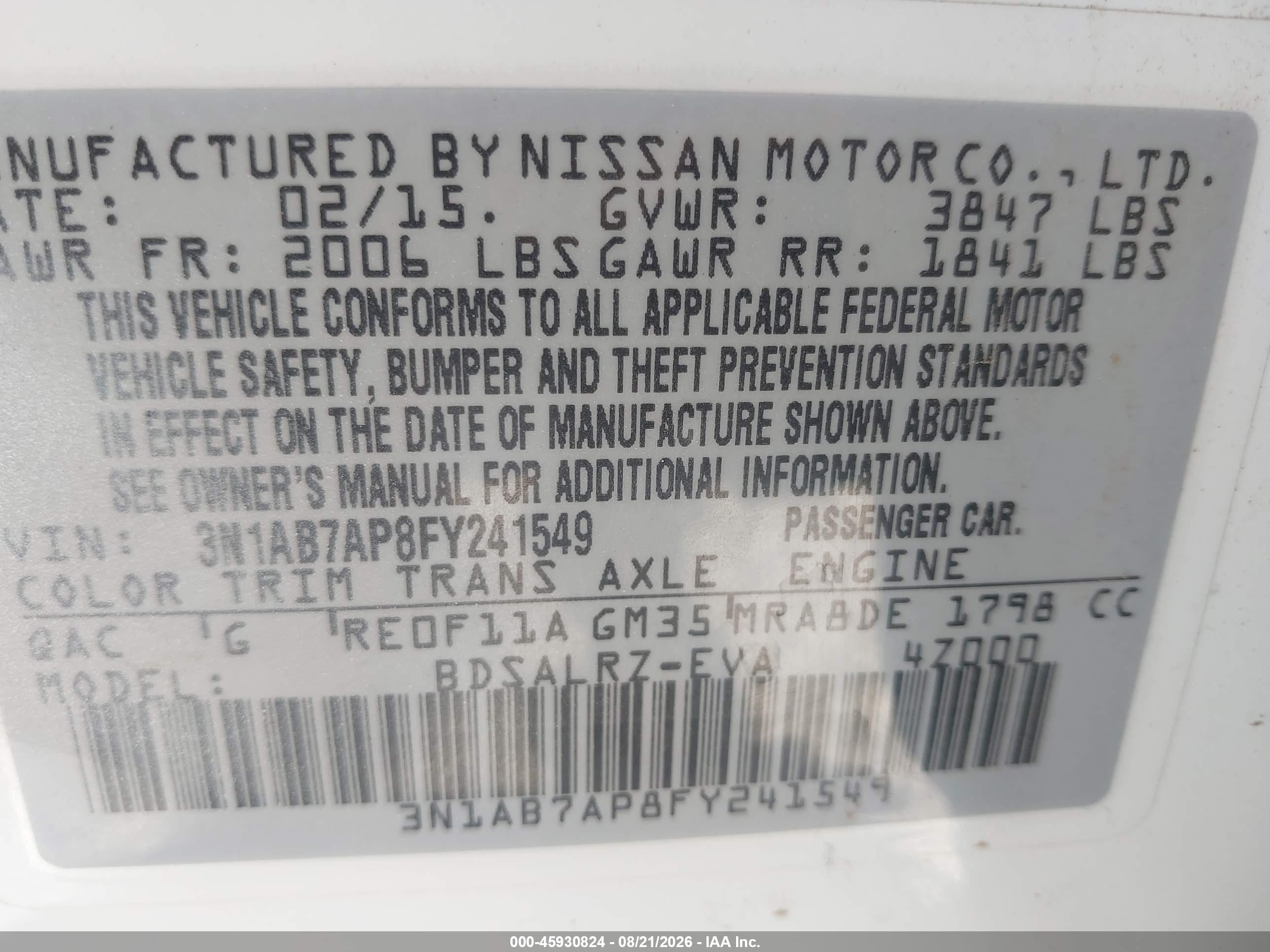 2015 Nissan Sentra Sr Белый vin: 3N1AB7AP8FY241549