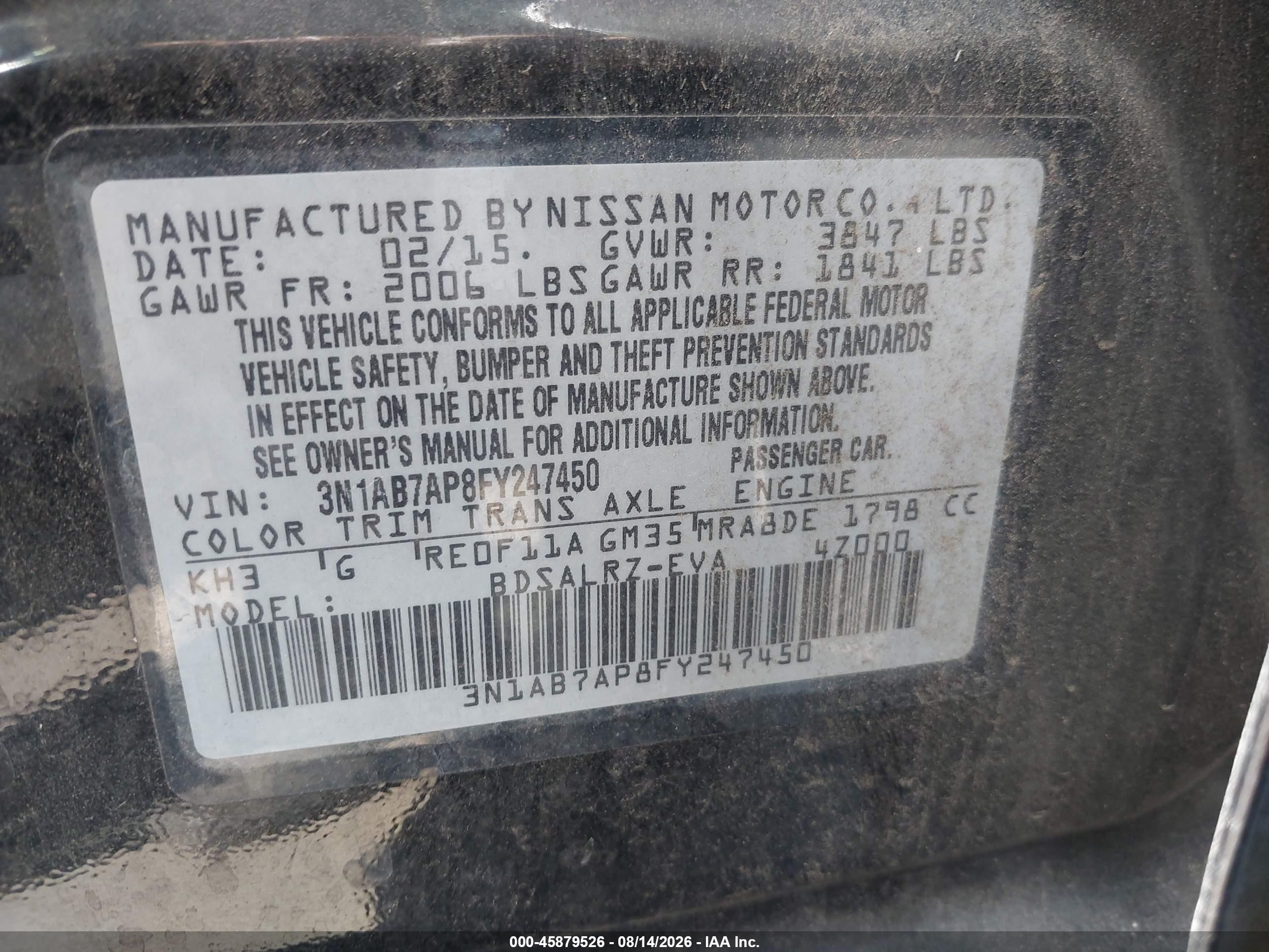 2015 Nissan Sentra Sr Black vin: 3N1AB7AP8FY247450