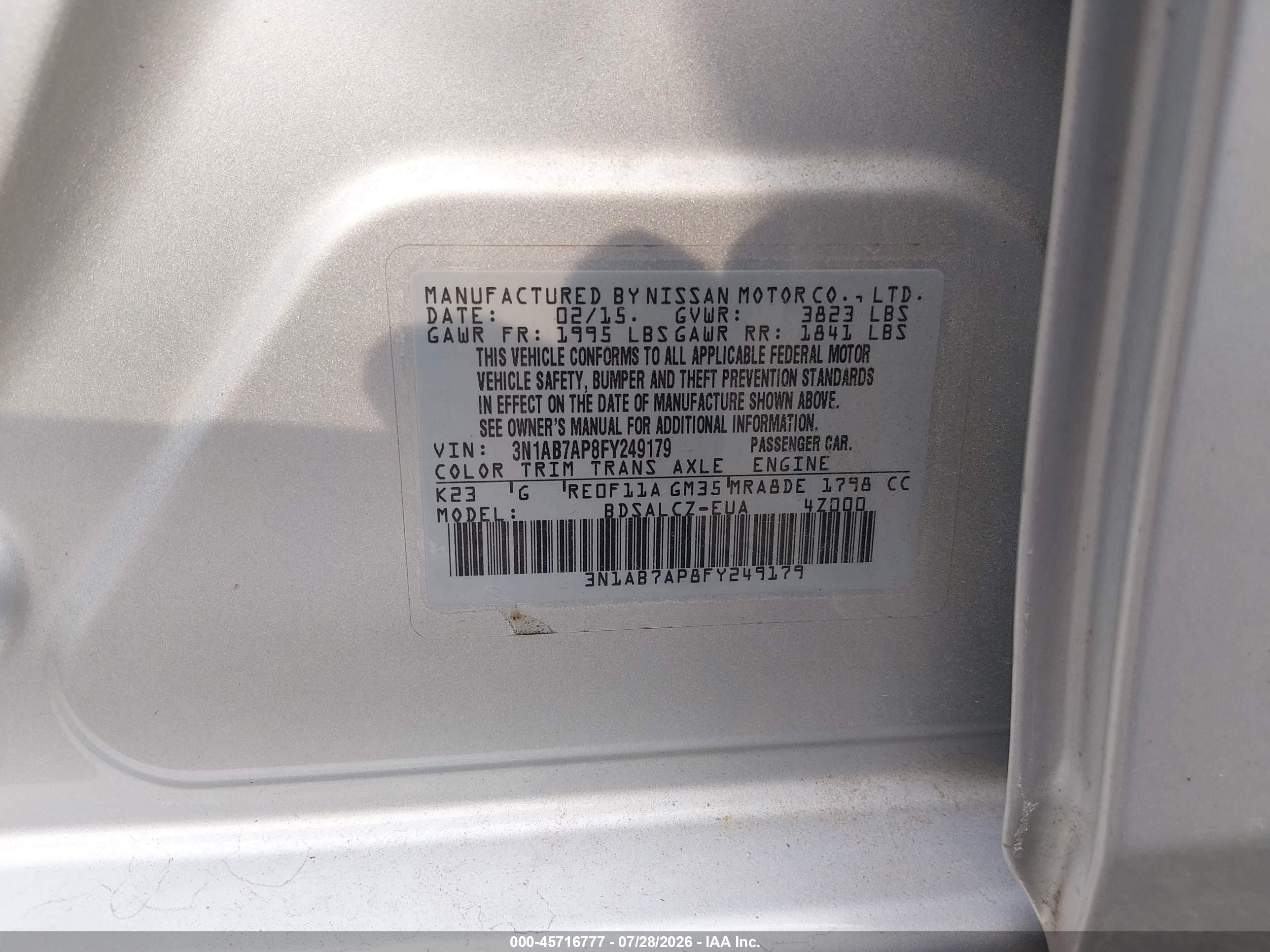 2015 Nissan Sentra Fe+ S/s/sl/sr/sv Silver vin: 3N1AB7AP8FY249179