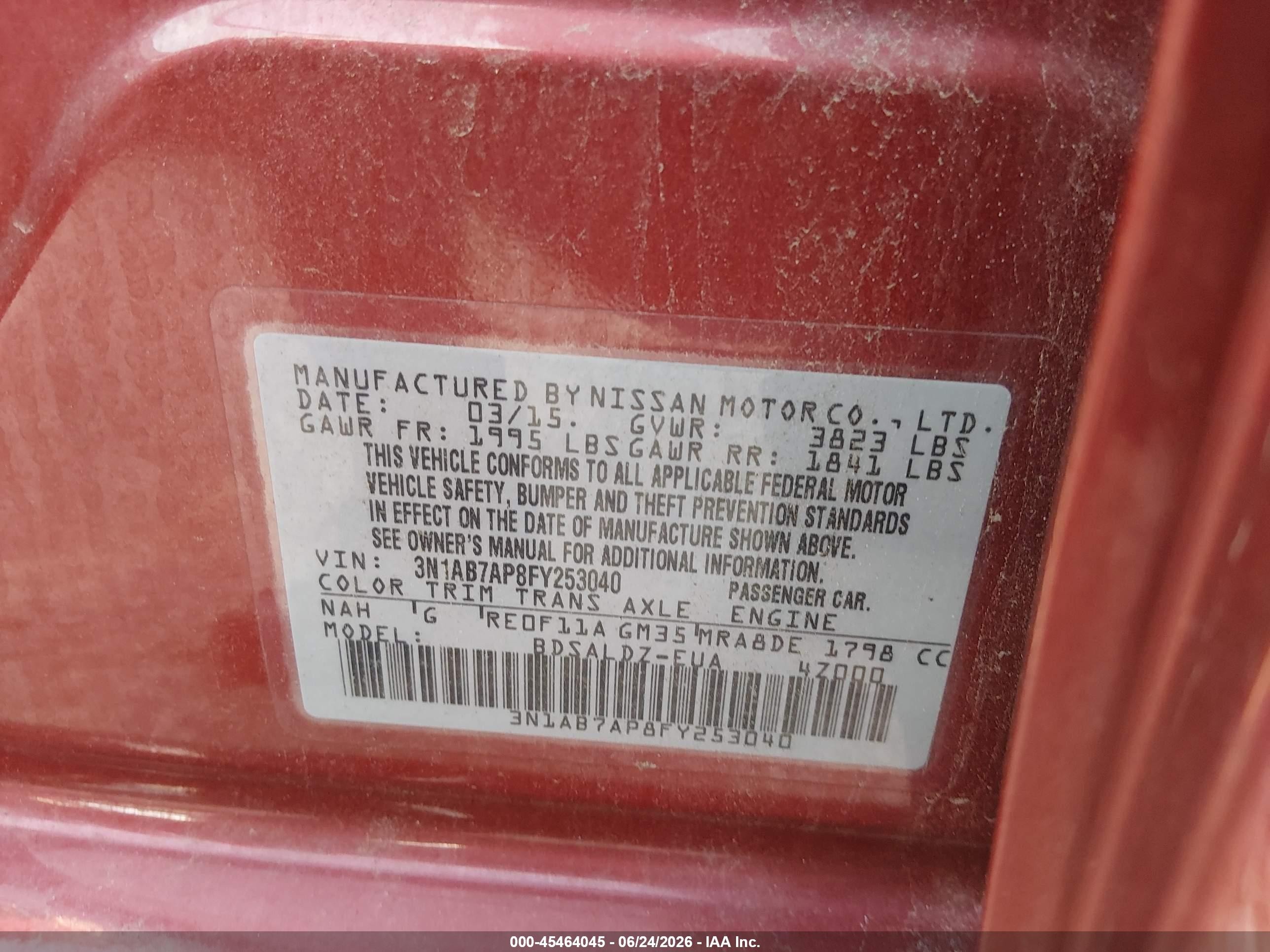 2015 Nissan Sentra Fe+ S/s/sl/sr/sv Red vin: 3N1AB7AP8FY253040