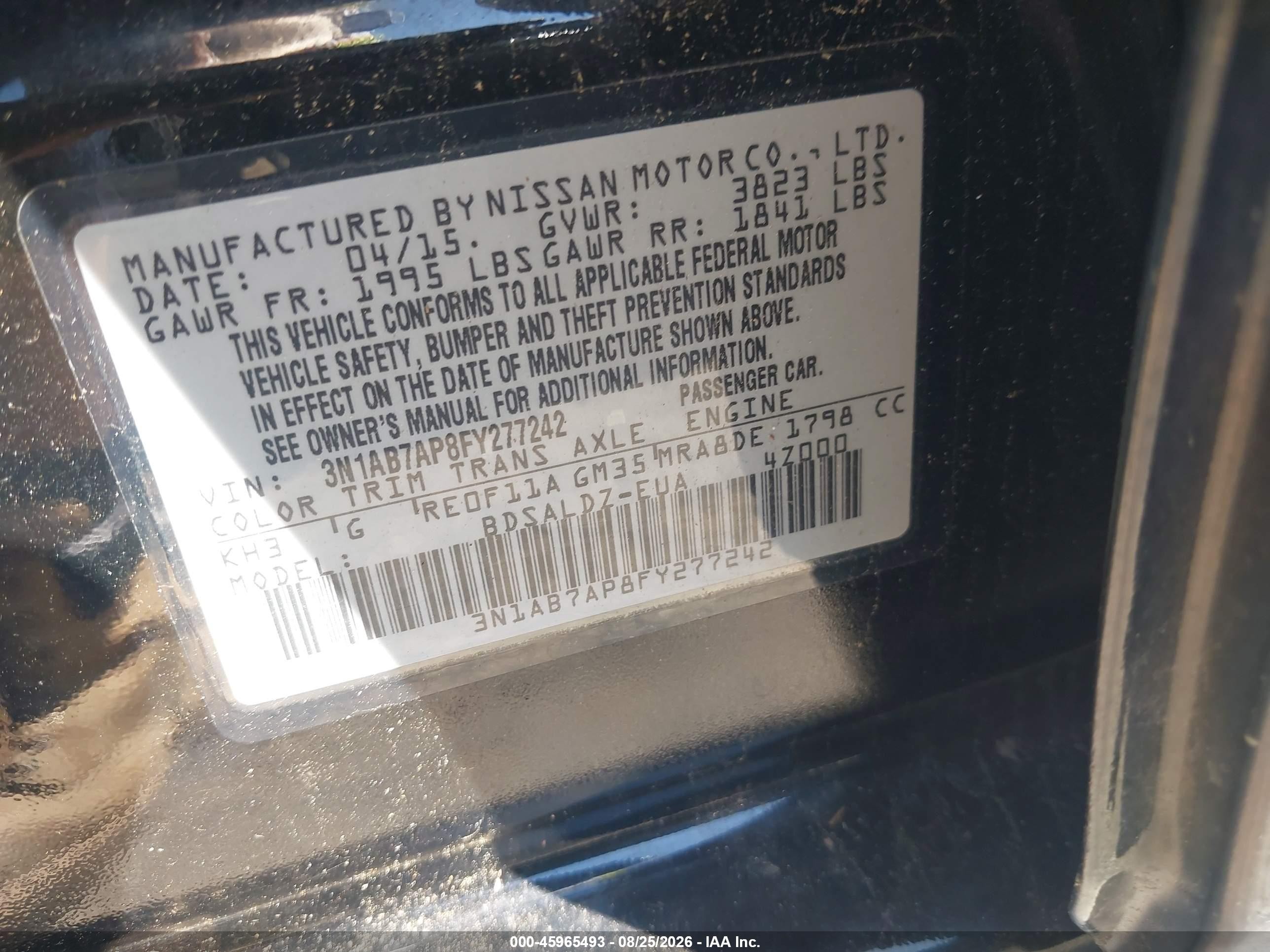 2015 Nissan Sentra Fe+ S/s/sl/sr/sv Black vin: 3N1AB7AP8FY277242