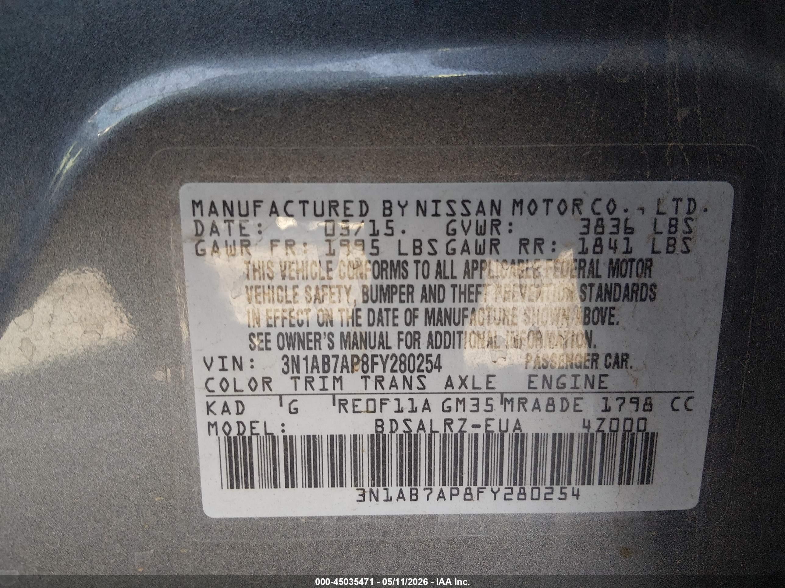 2015 Nissan Sentra Sr Gray vin: 3N1AB7AP8FY280254