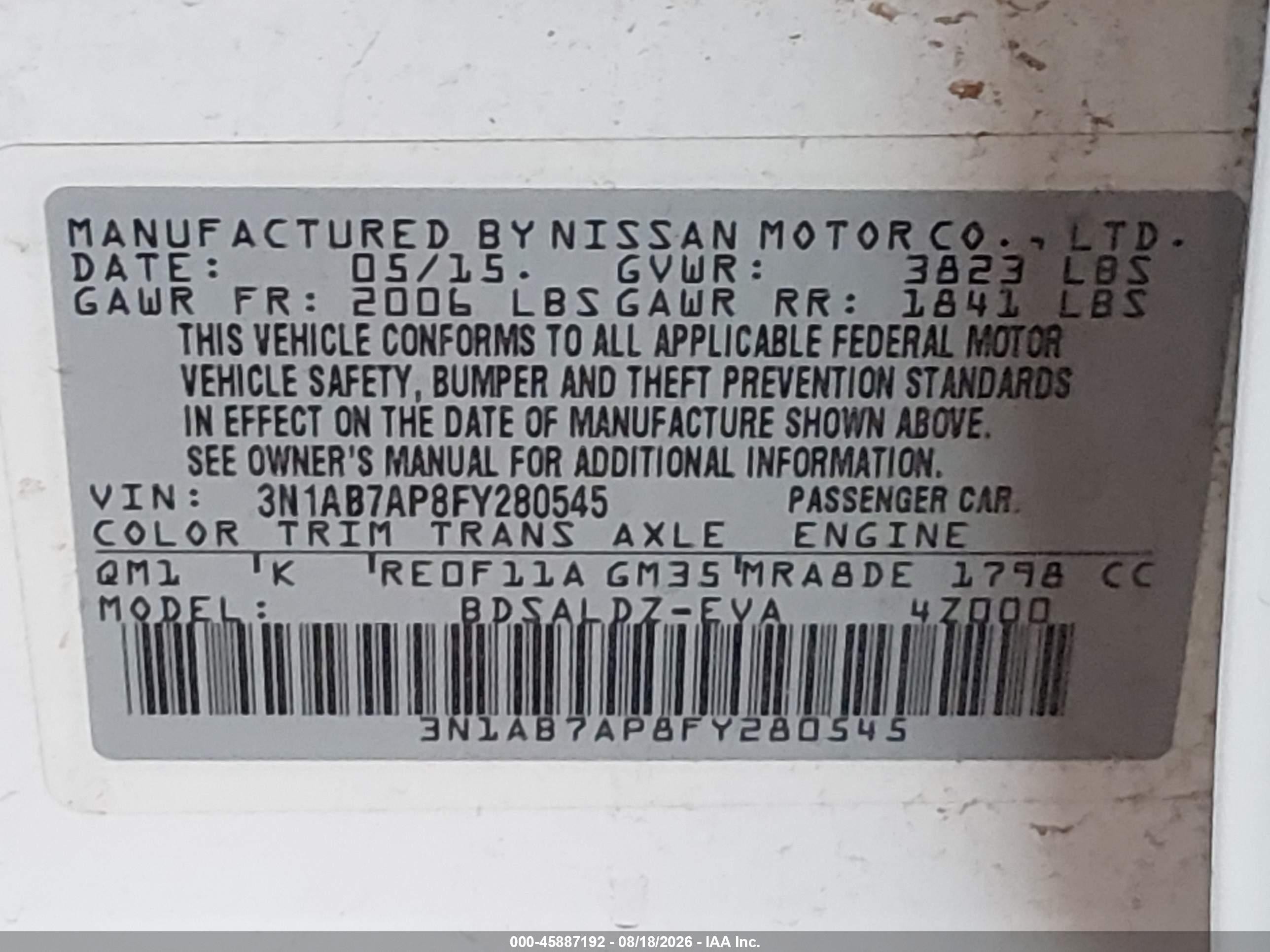 2015 Nissan Sentra   White vin: 3N1AB7AP8FY280545