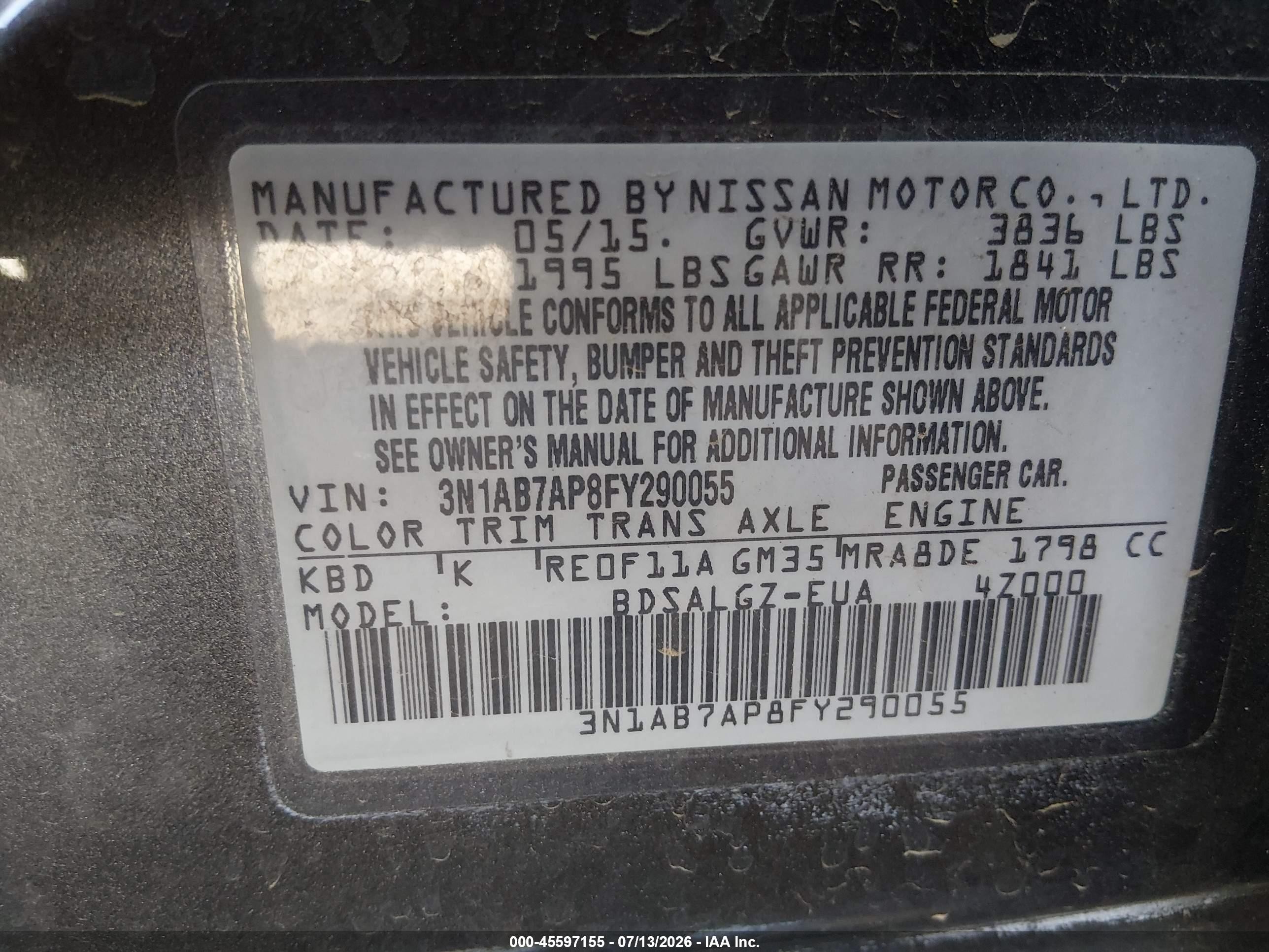 2015 Nissan Sentra Sl Gray vin: 3N1AB7AP8FY290055