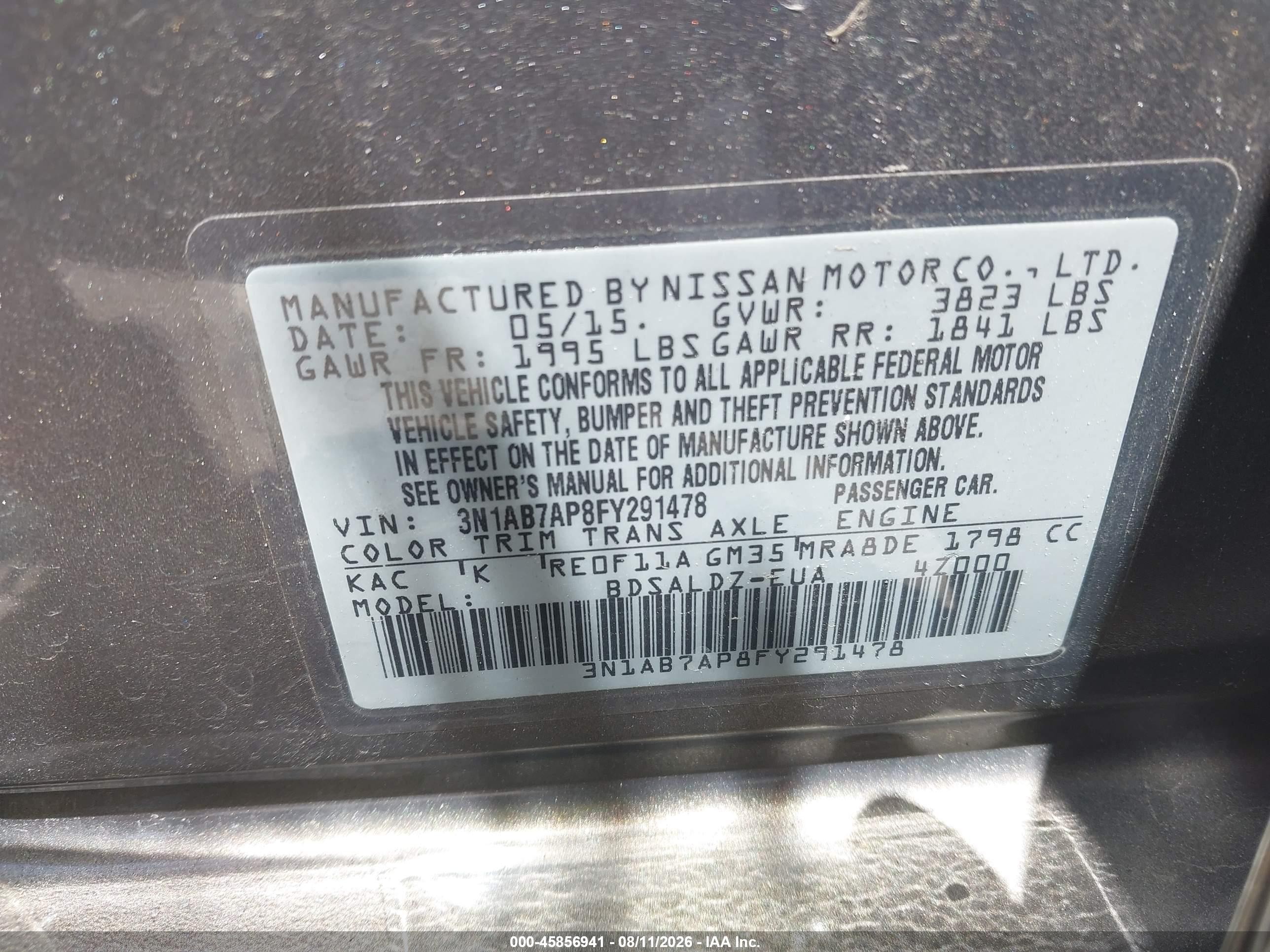 2015 Nissan Sentra Sv Серый vin: 3N1AB7AP8FY291478