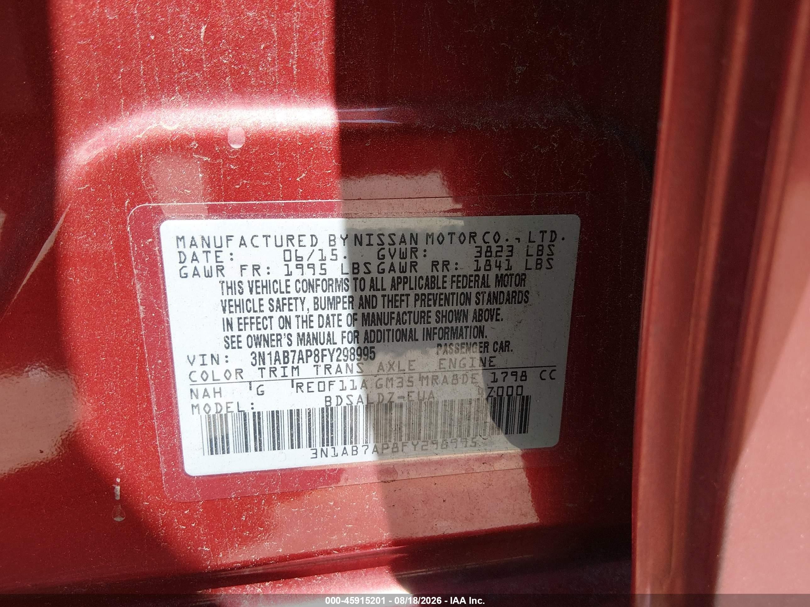 2015 Nissan Sentra Sv Red vin: 3N1AB7AP8FY298995