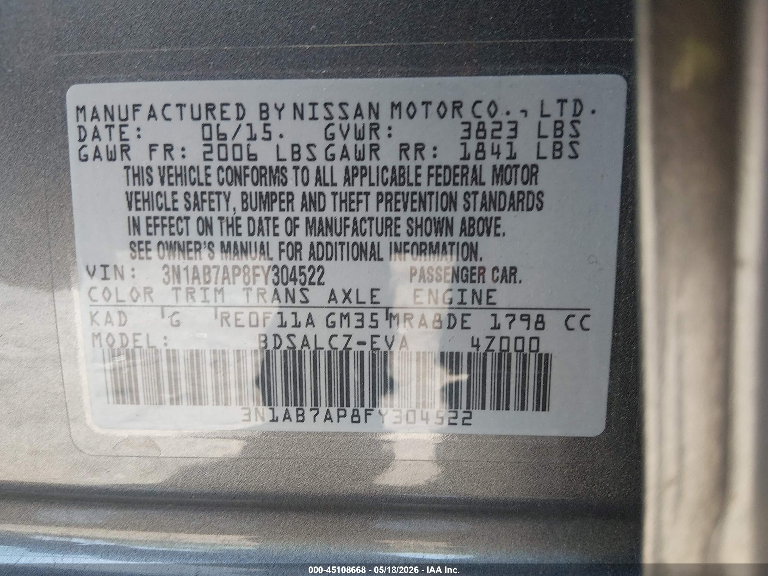 2015 Nissan Sentra S Gray vin: 3N1AB7AP8FY304522