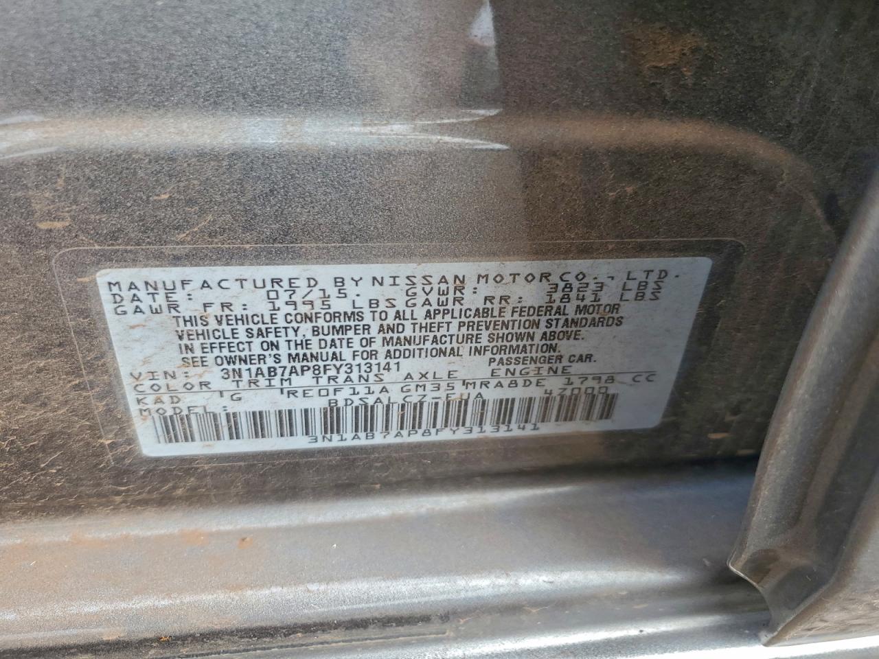 2015 Nissan Sentra S Gray vin: 3N1AB7AP8FY313141