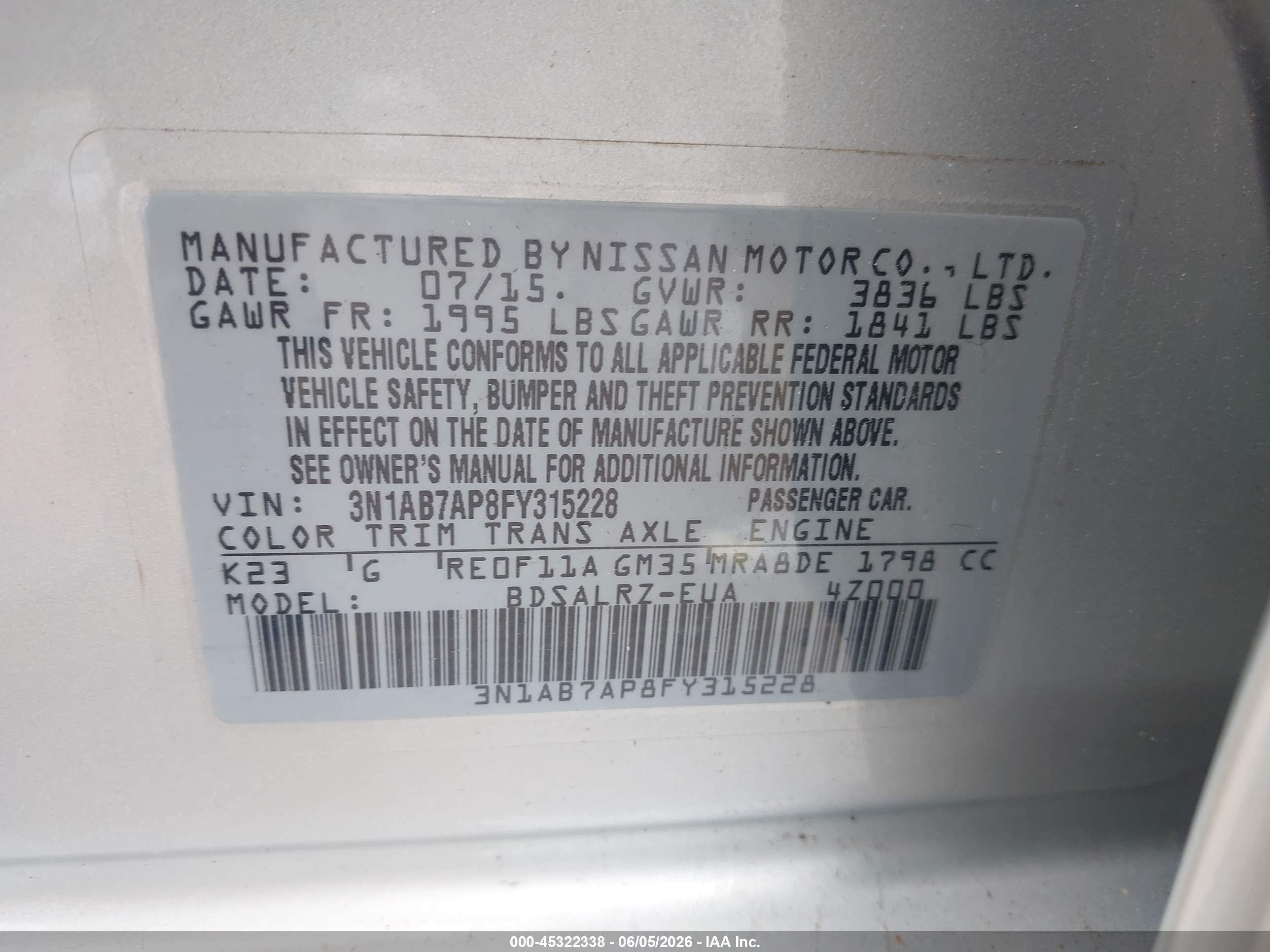 2015 Nissan Sentra Sr Silver vin: 3N1AB7AP8FY315228