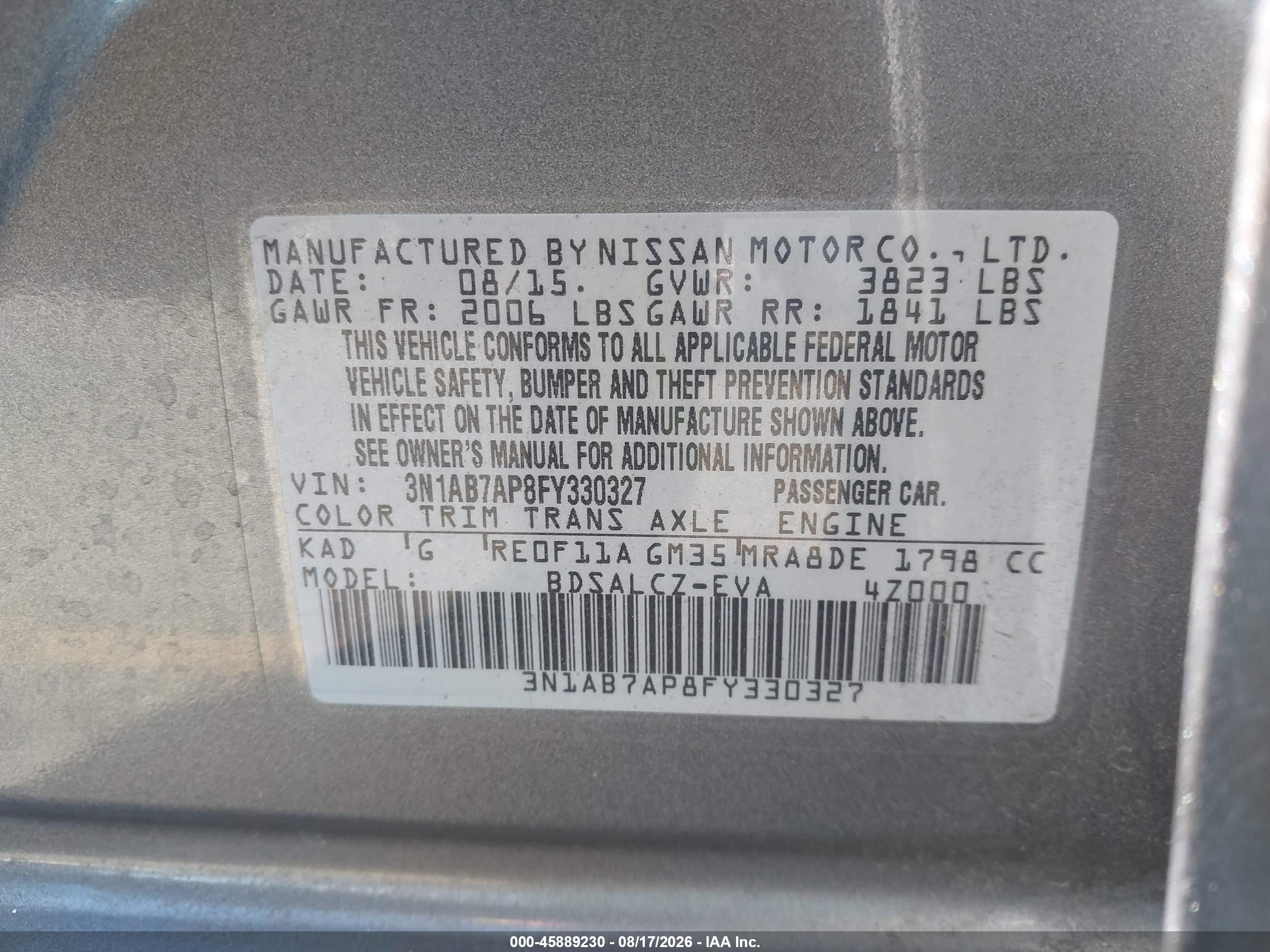 2015 Nissan Sentra S Gray vin: 3N1AB7AP8FY330327