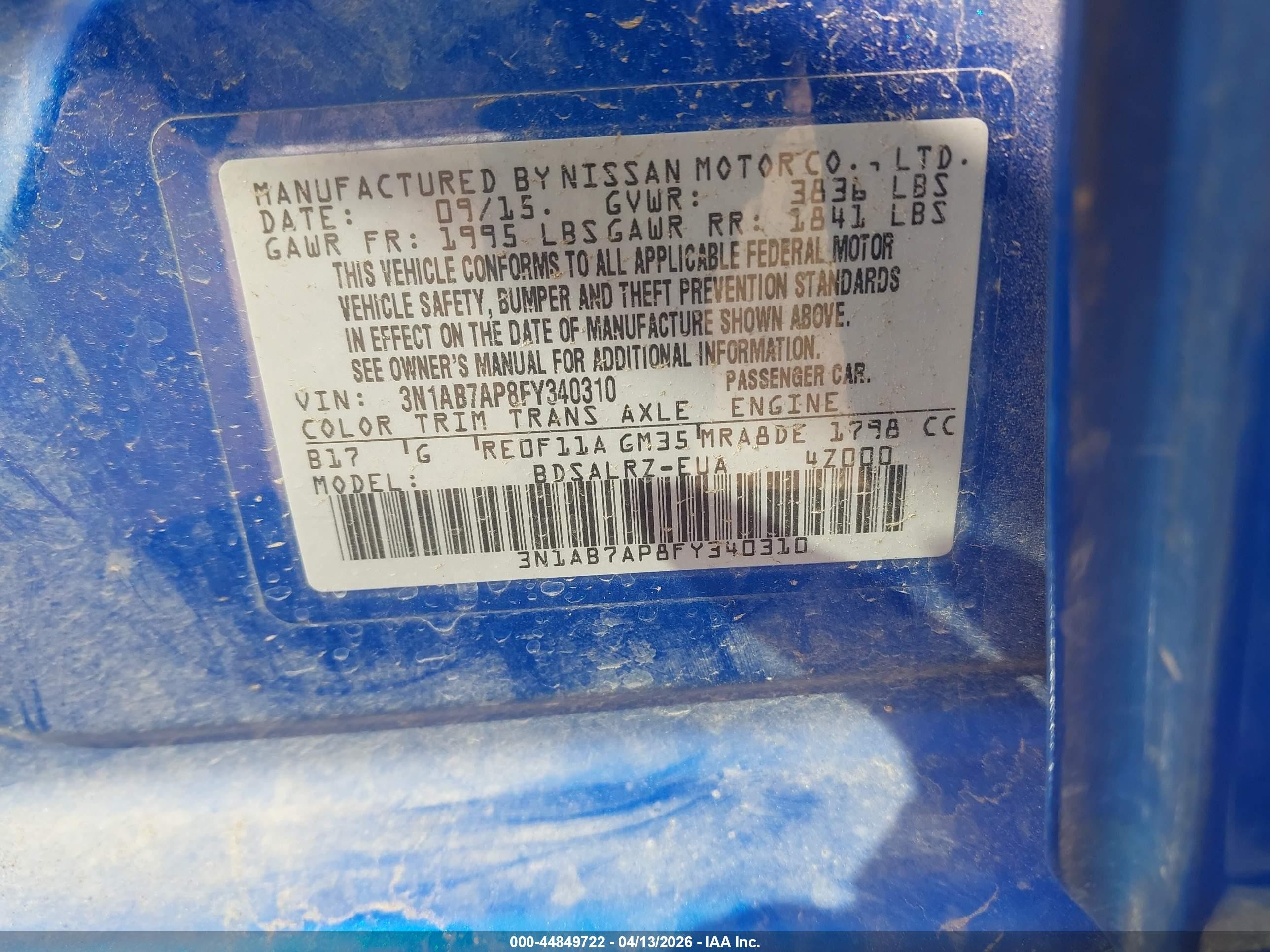 2015 Nissan Sentra Sr Blue vin: 3N1AB7AP8FY340310