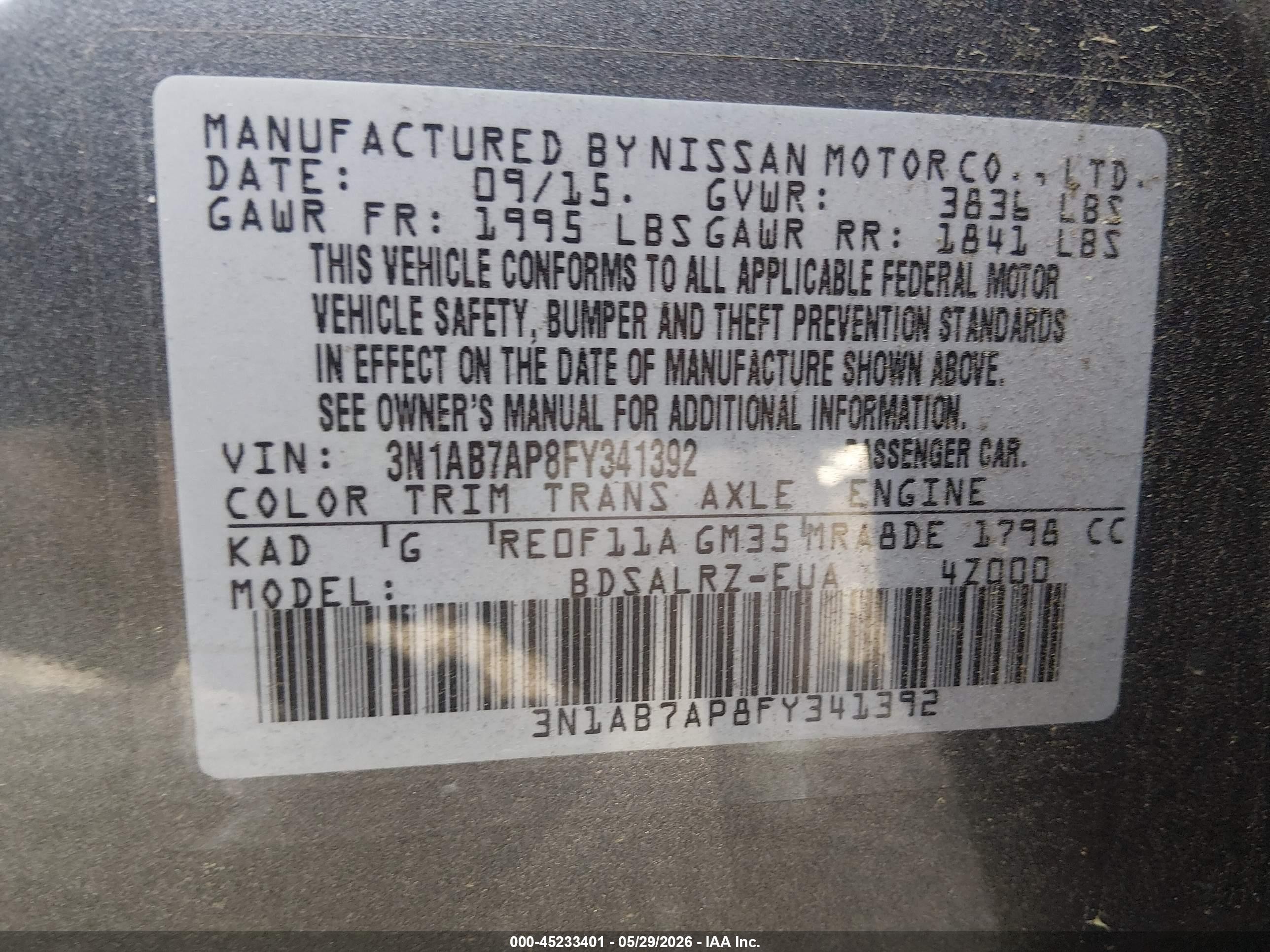 2015 Nissan Sentra Sr Gray vin: 3N1AB7AP8FY341392