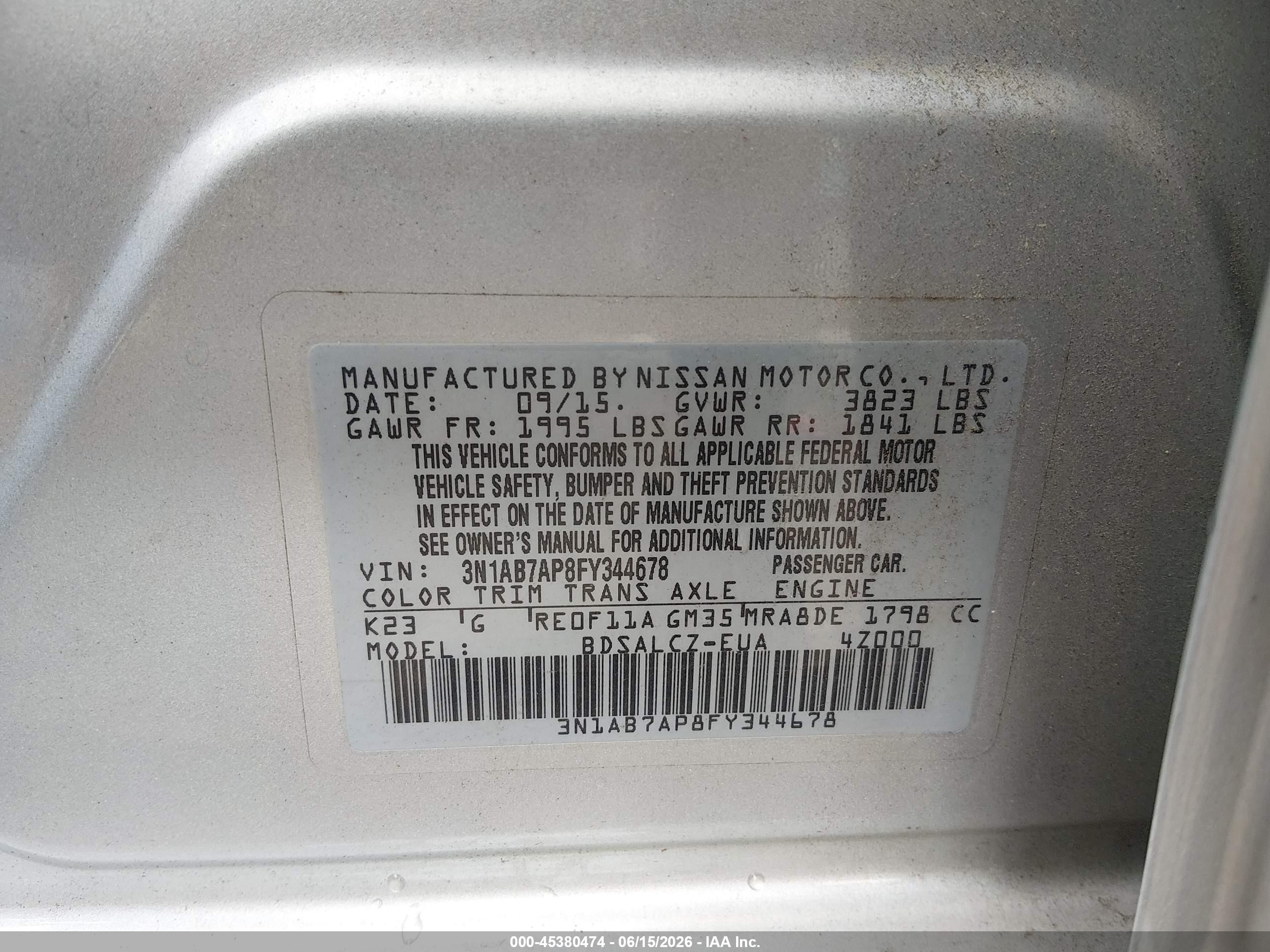 2015 Nissan Sentra S Silver vin: 3N1AB7AP8FY344678