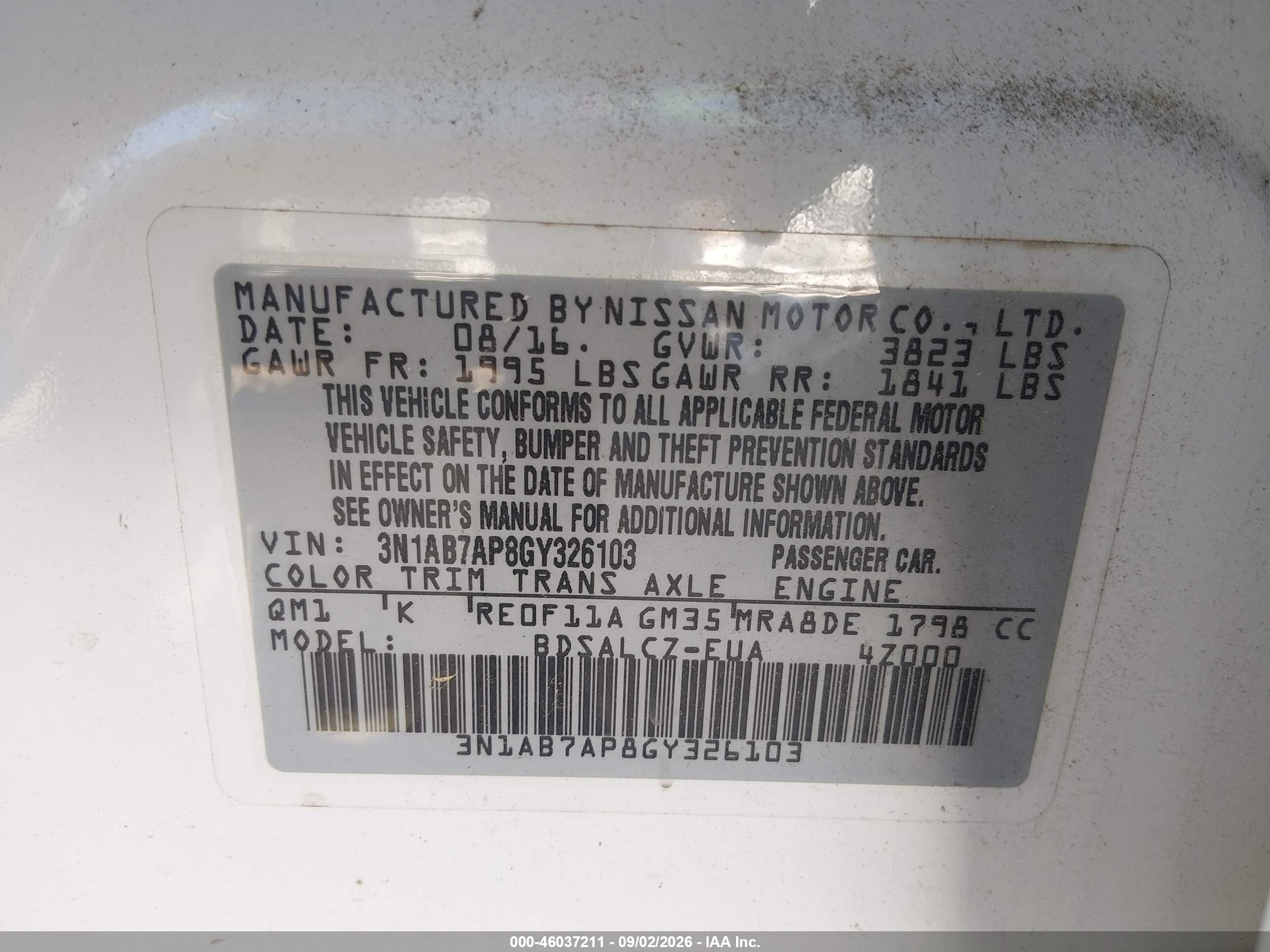 2016 Nissan Sentra Fe+ S White vin: 3N1AB7AP8GY326103