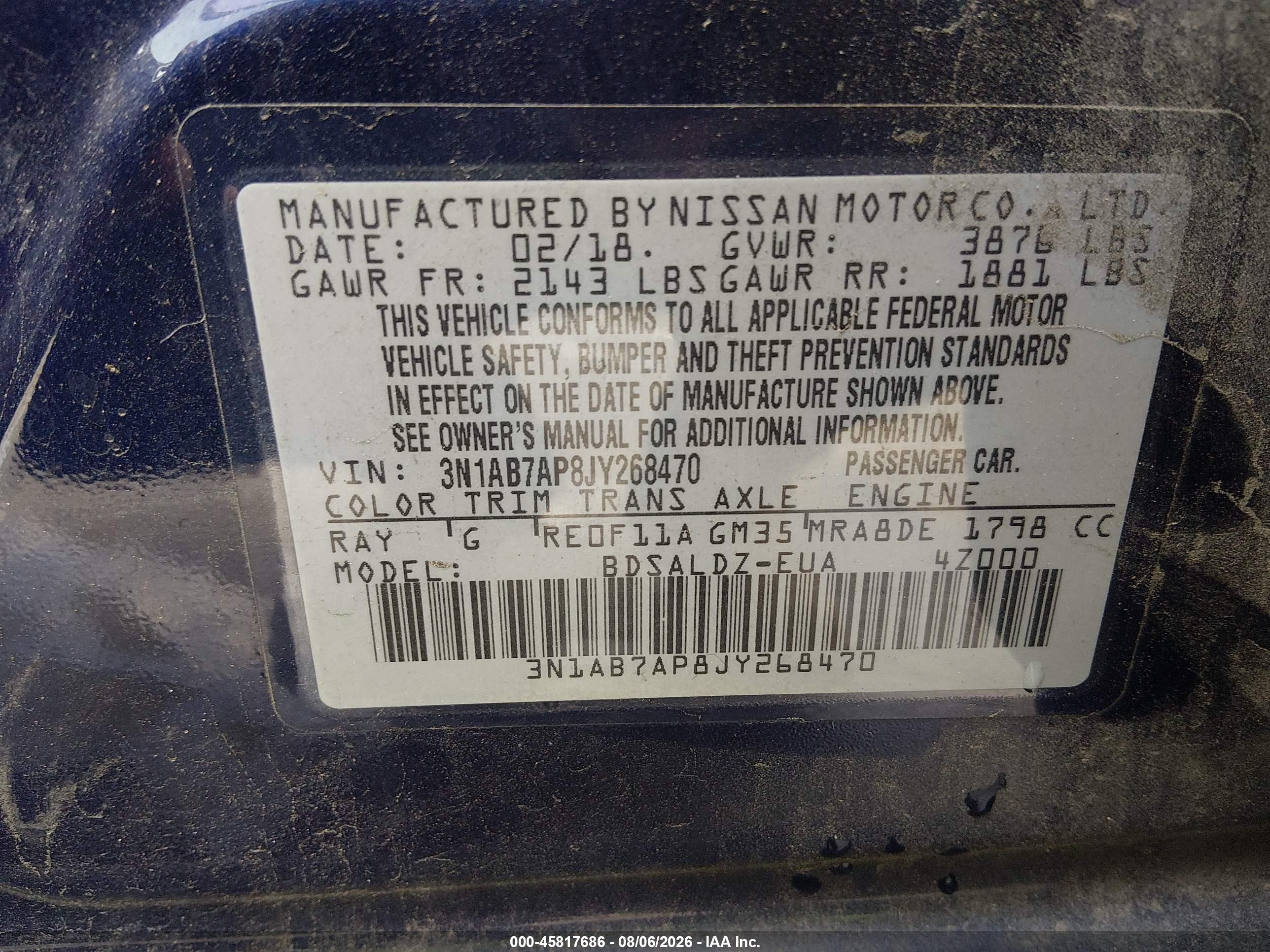2018 Nissan Sentra Sv Blue vin: 3N1AB7AP8JY268470
