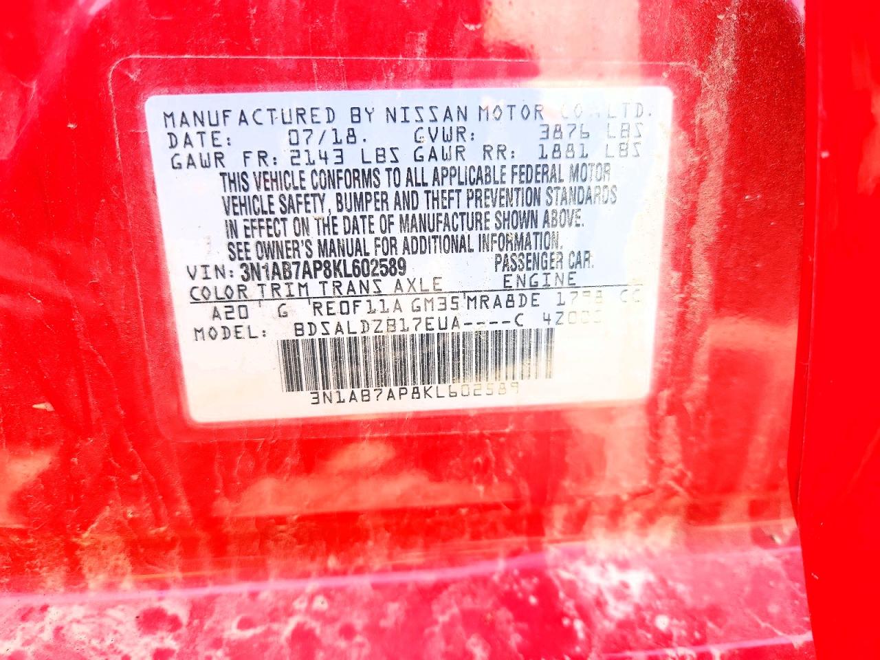 2019 Nissan Sentra Sv Red vin: 3N1AB7AP8KL602589
