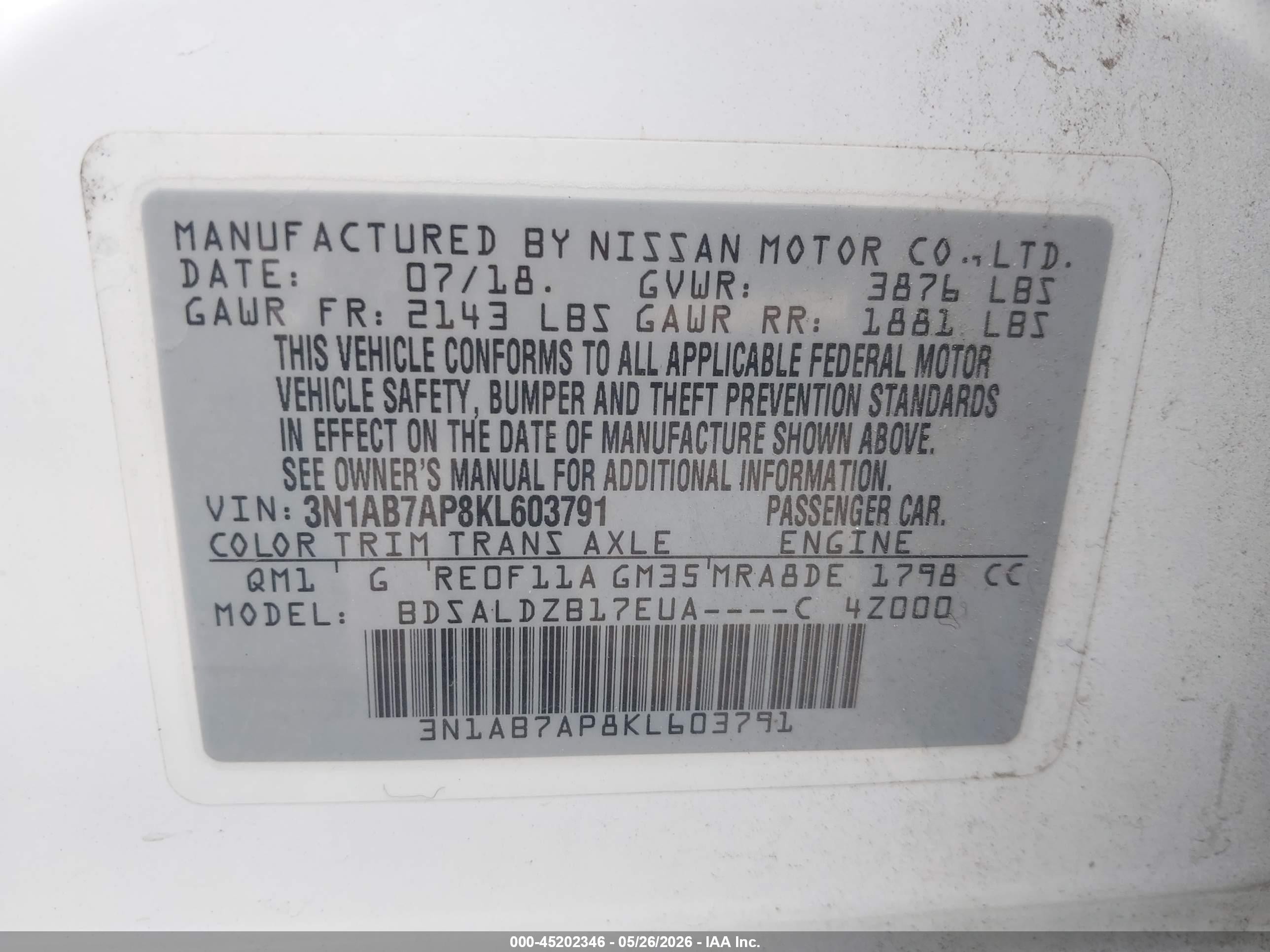 2019 Nissan Sentra Sv Белый vin: 3N1AB7AP8KL603791