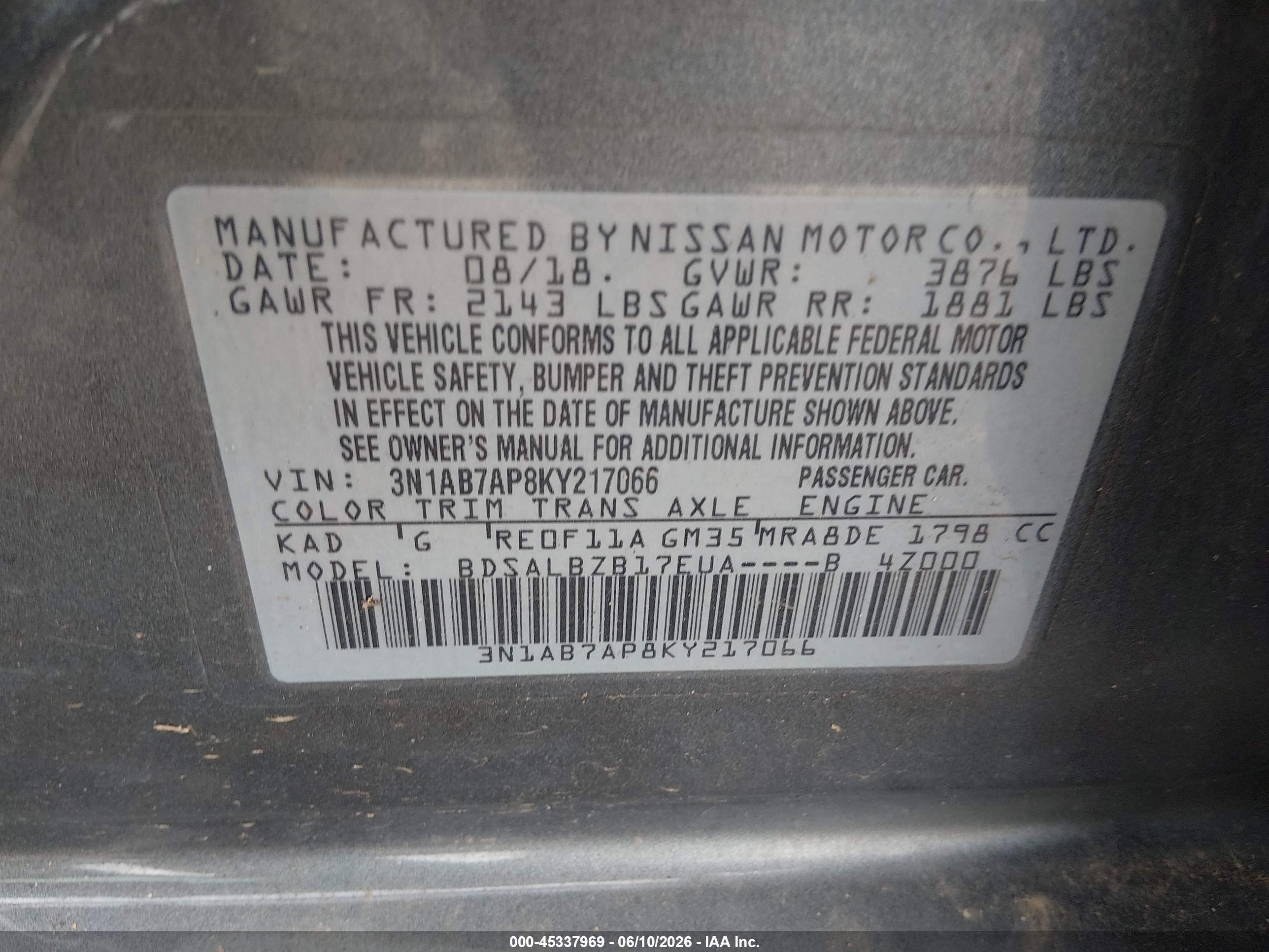 2019 Nissan Sentra S Gray vin: 3N1AB7AP8KY217066
