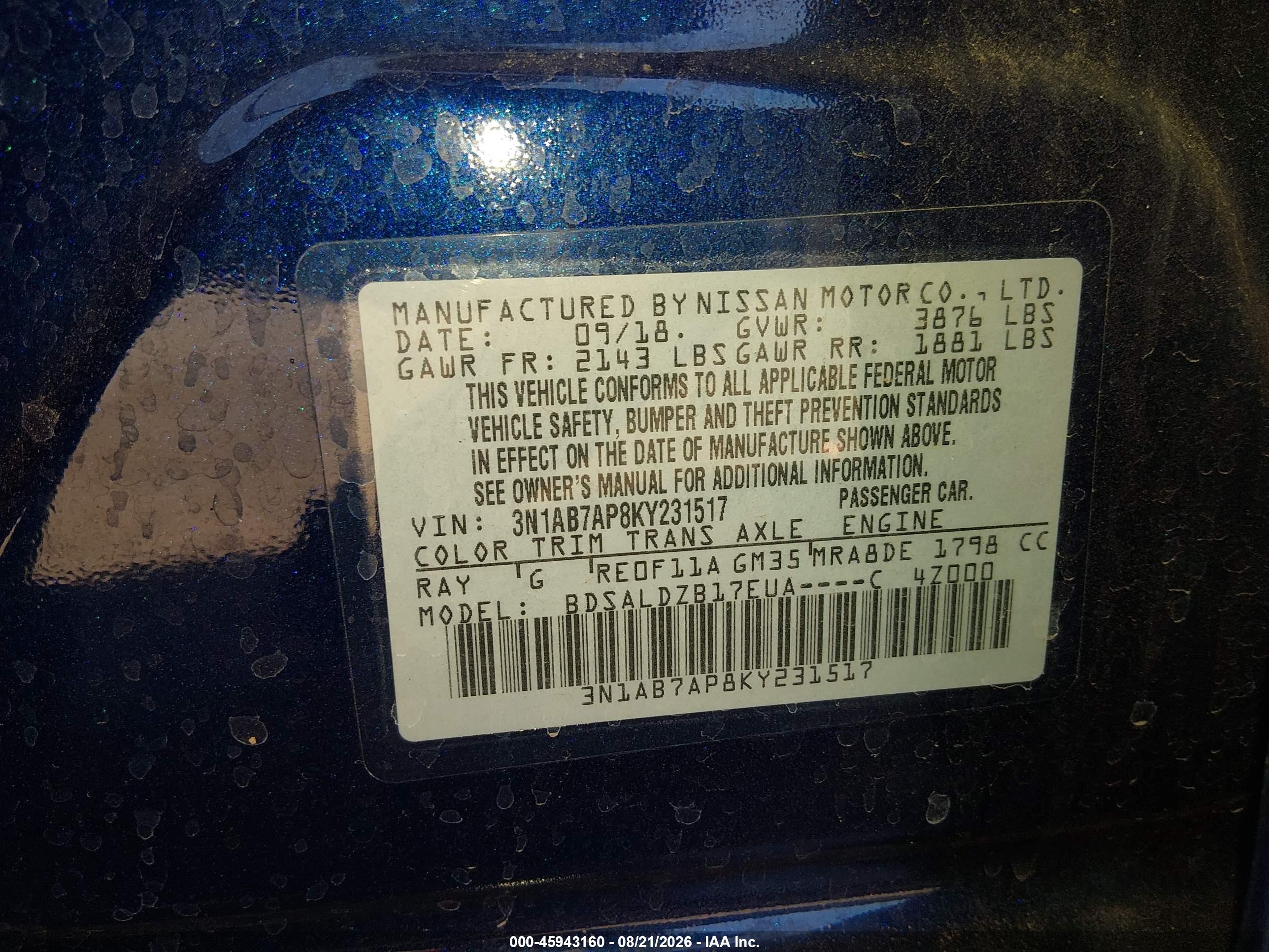 2019 Nissan Sentra Sv Blue vin: 3N1AB7AP8KY231517