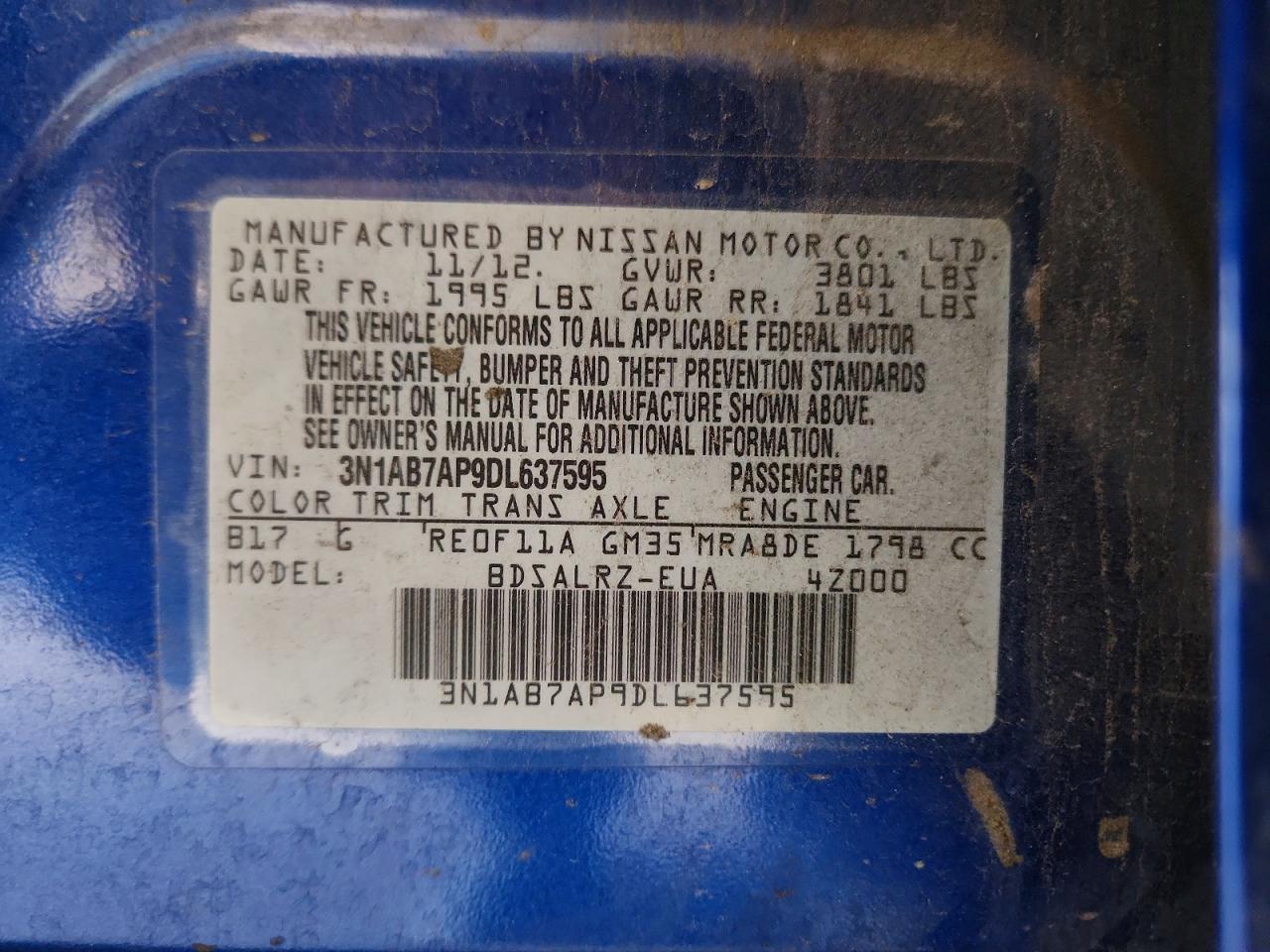 2013 Nissan Sentra S Blue vin: 3N1AB7AP9DL637595
