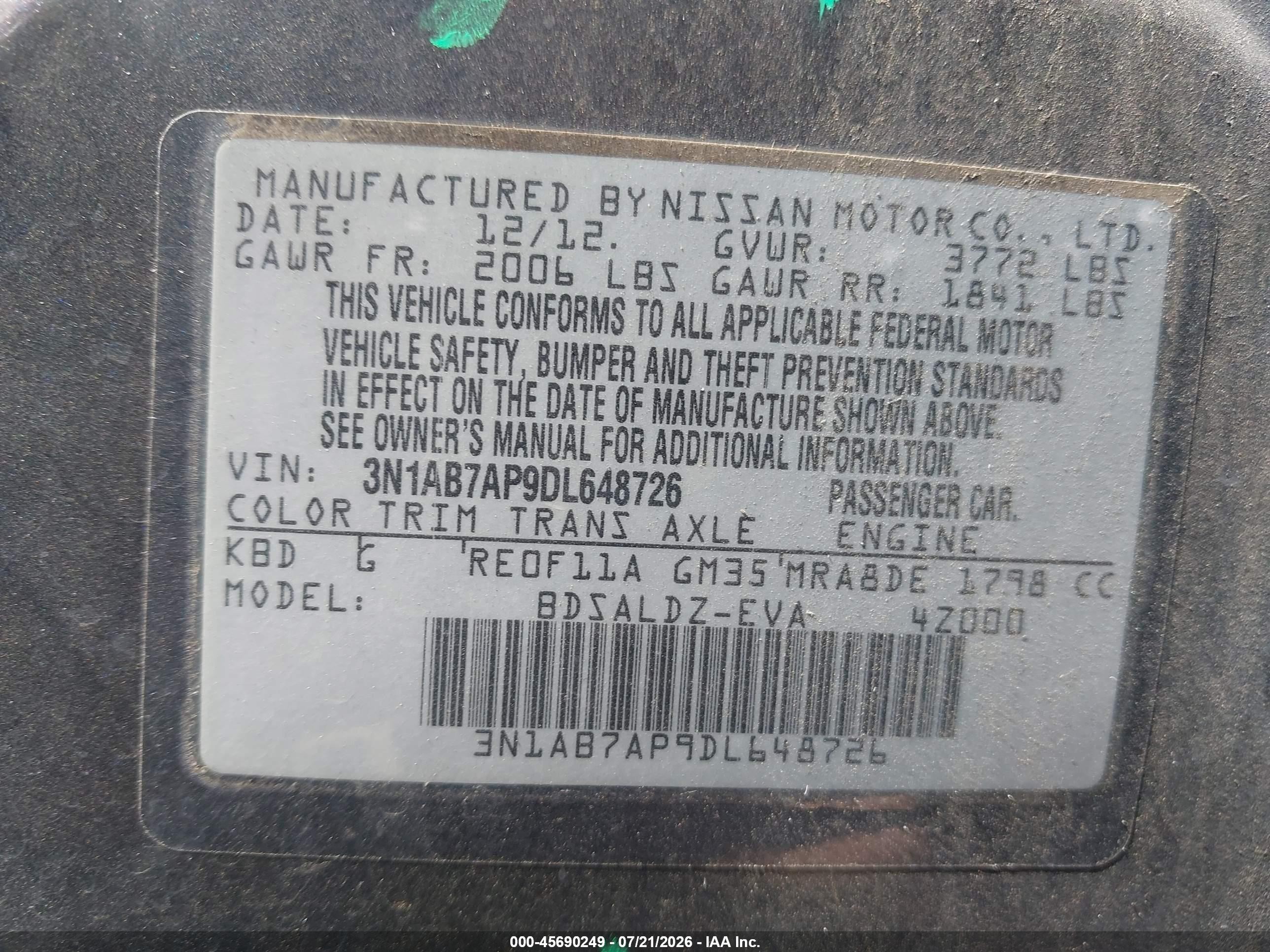 2013 Nissan Sentra Sv Gray vin: 3N1AB7AP9DL648726