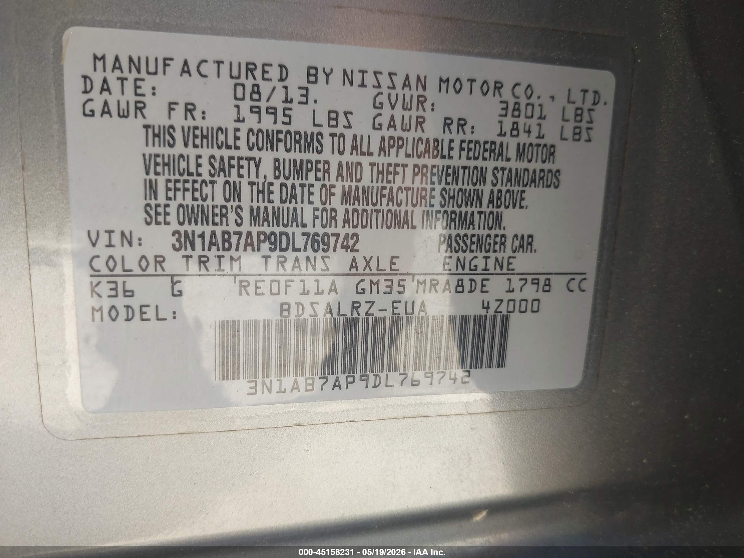 2013 Nissan Sentra Sr Gray vin: 3N1AB7AP9DL769742