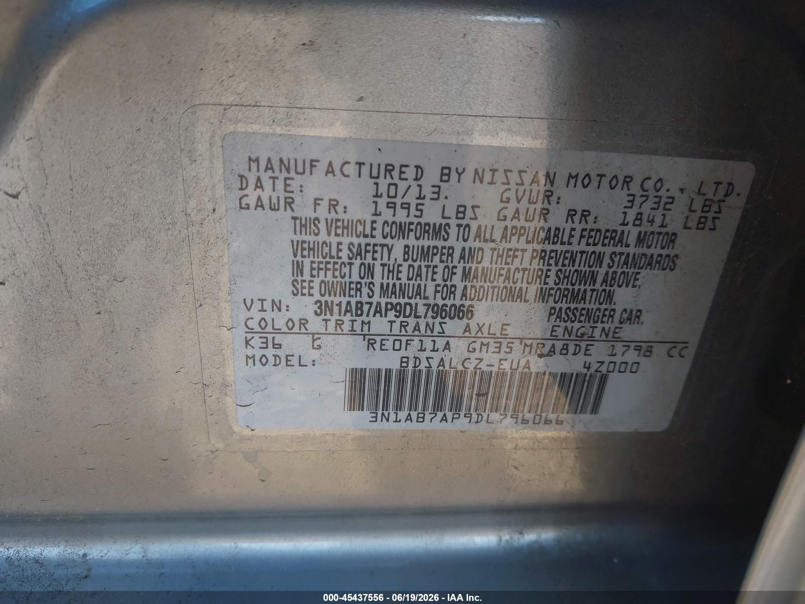 2013 Nissan Sentra Fe+ S Gray vin: 3N1AB7AP9DL796066