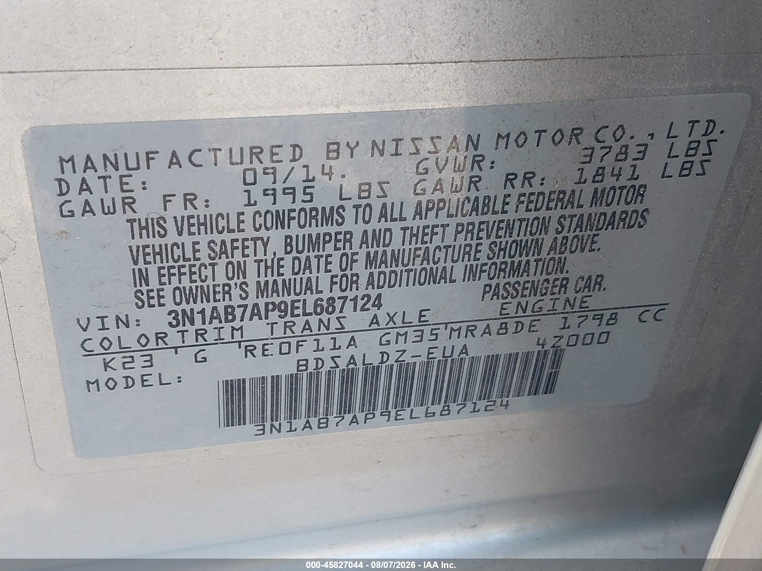 2014 Nissan Sentra Fe+ S/fe+ Sv/s/sl/sr/sv Серебряный vin: 3N1AB7AP9EL687124