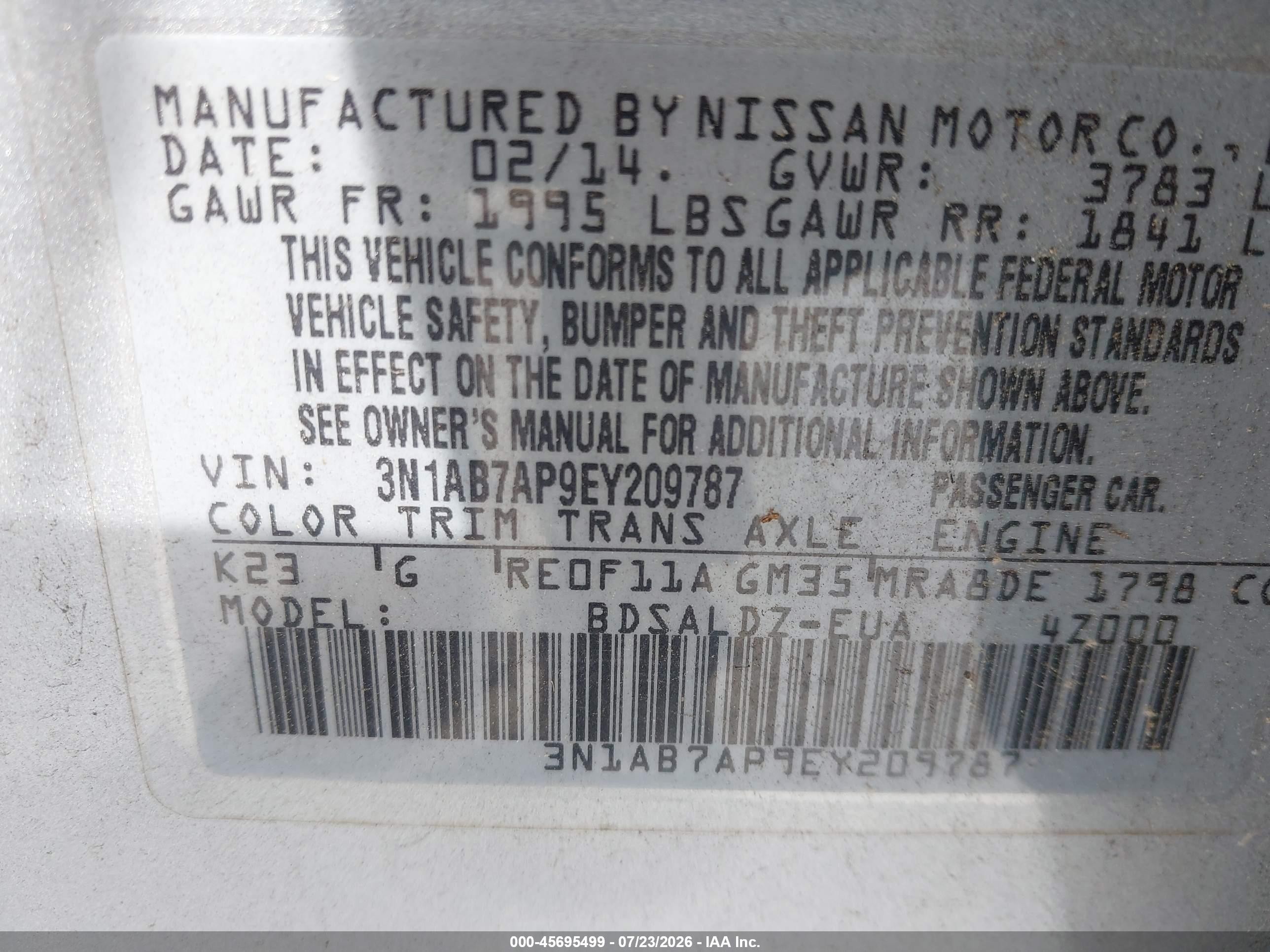 2014 Nissan Sentra Fe+ S/fe+ Sv/s/sl/sr/sv Gray vin: 3N1AB7AP9EY209787
