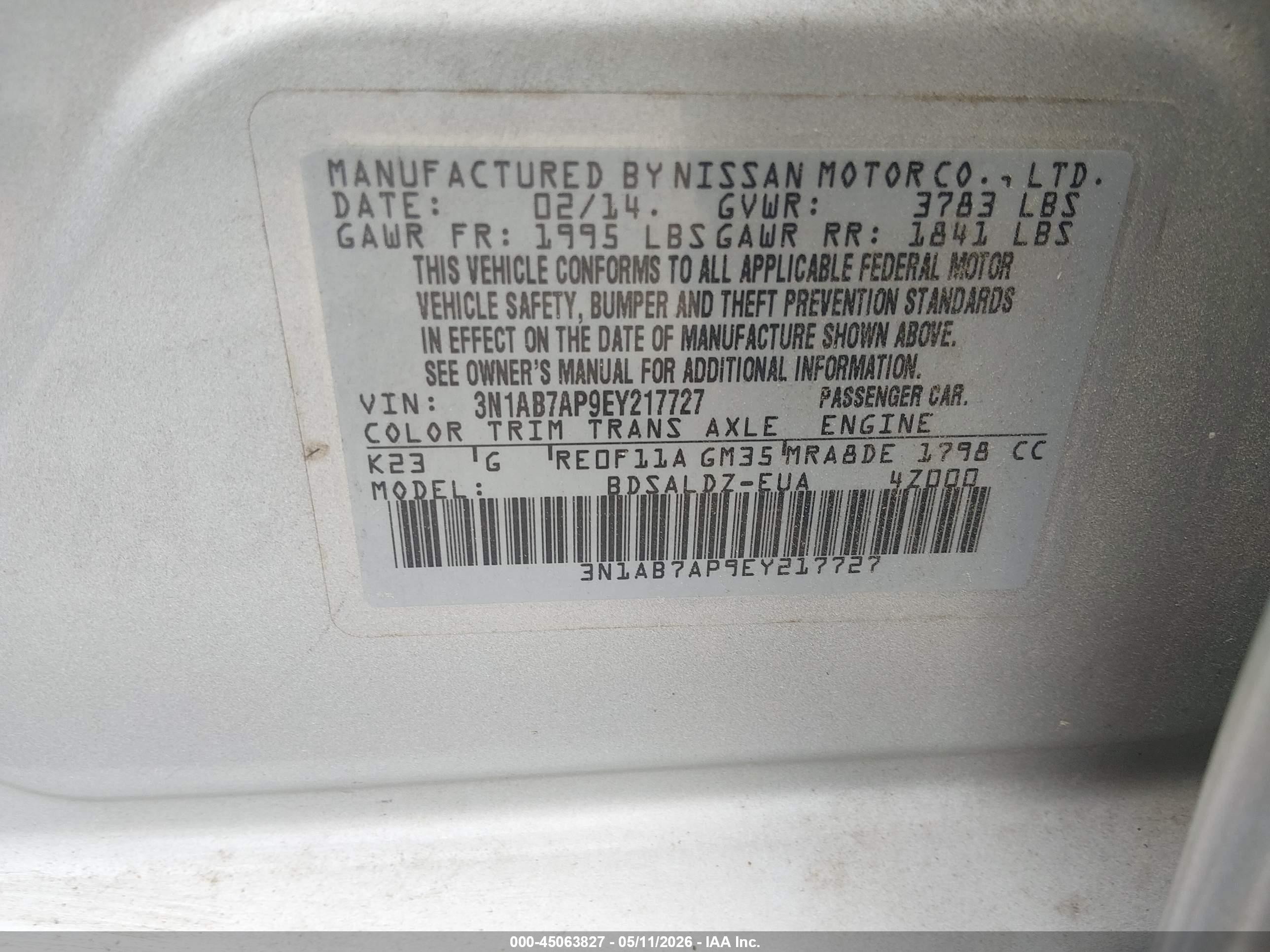 2014 Nissan Sentra Fe+ S/fe+ Sv/s/sl/sr/sv Silver vin: 3N1AB7AP9EY217727