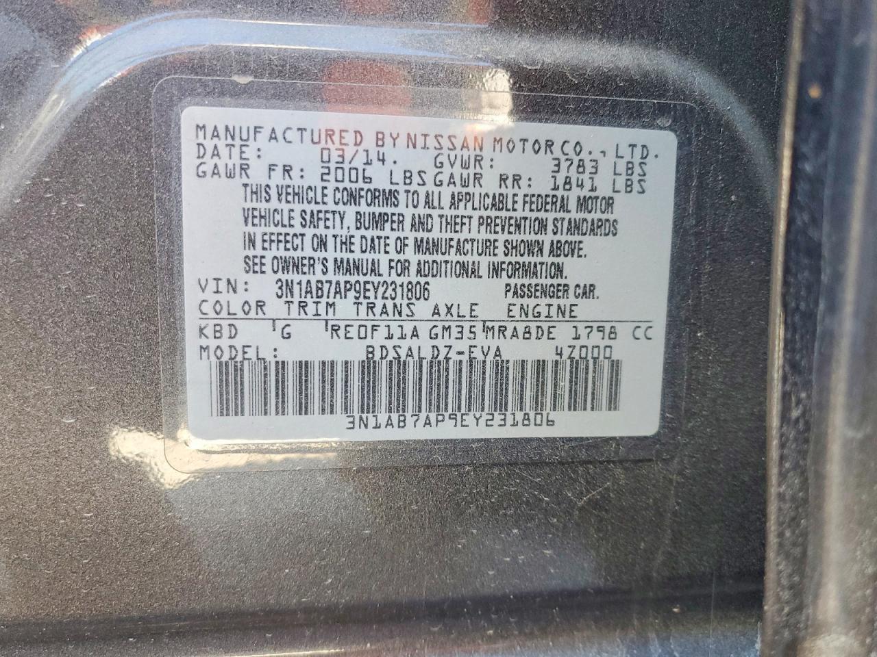 2014 Nissan Sentra Sv Charcoal vin: 3N1AB7AP9EY231806