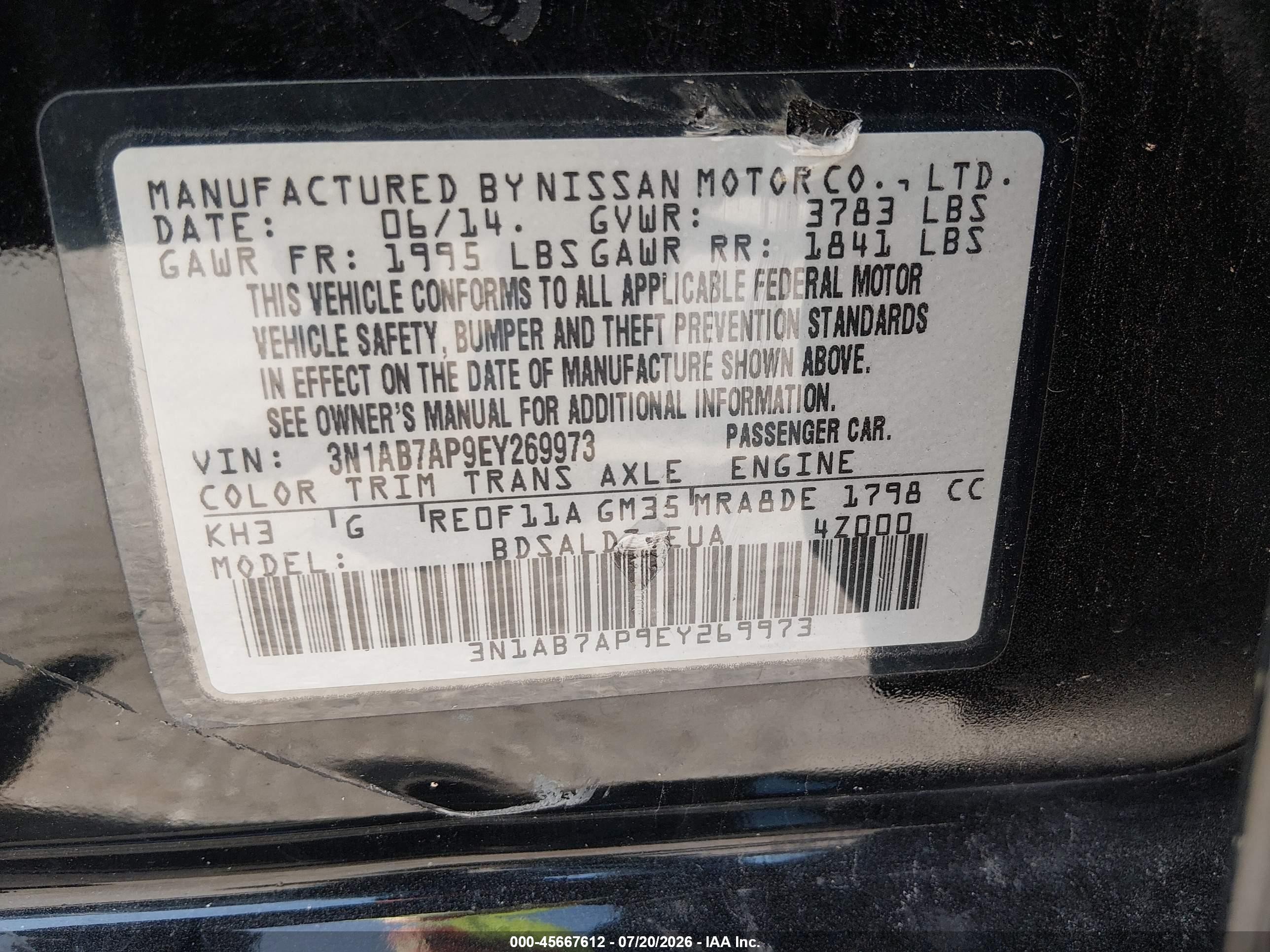 2014 Nissan Sentra Fe+ S/fe+ Sv/s/sl/sr/sv Black vin: 3N1AB7AP9EY269973