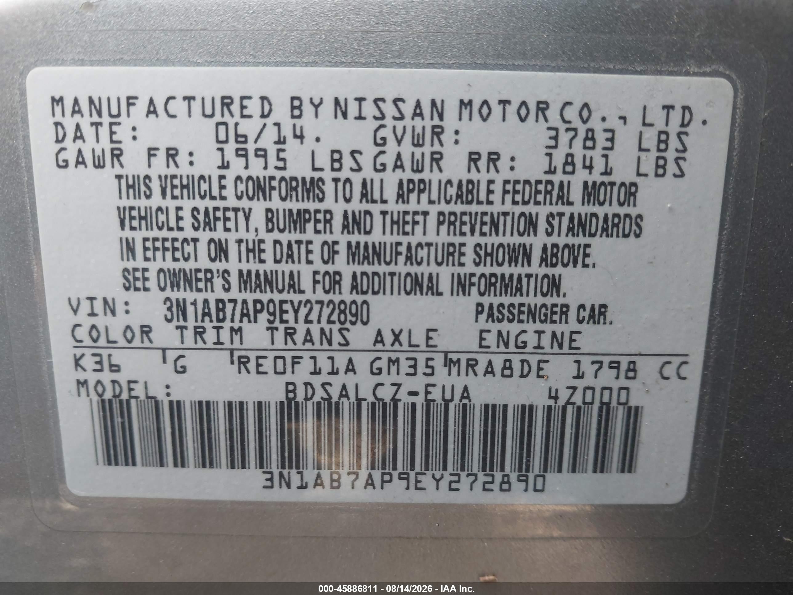 2014 Nissan Sentra S Gray vin: 3N1AB7AP9EY272890