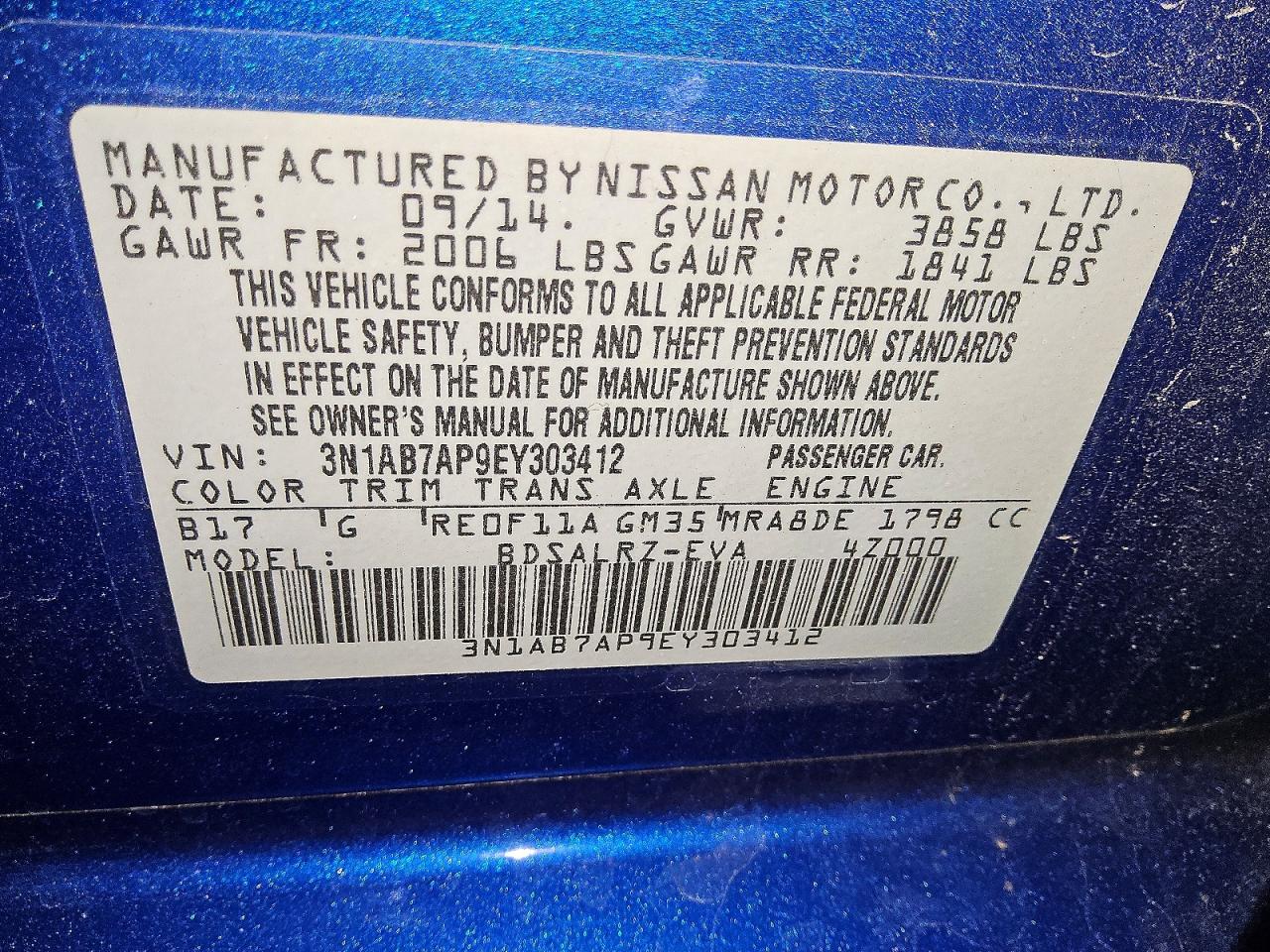 2014 Nissan Sentra Sr Blue vin: 3N1AB7AP9EY303412