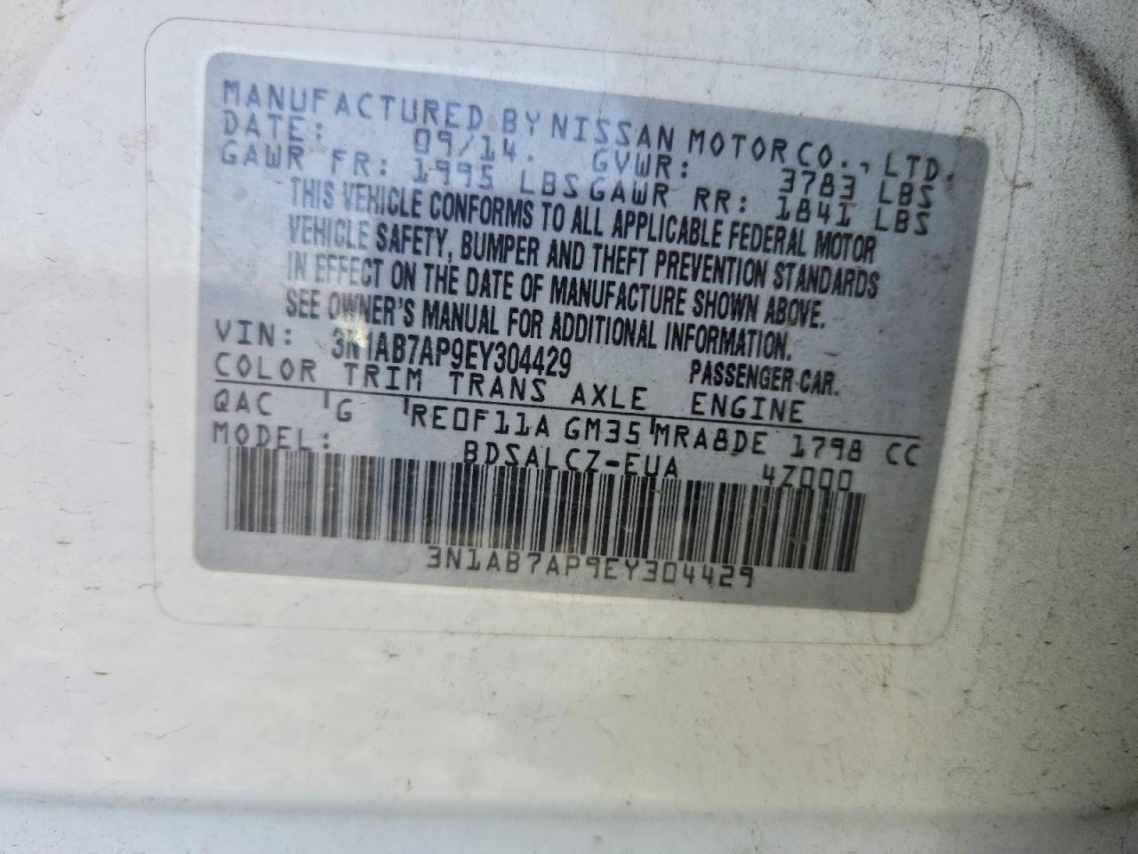 2014 Nissan Sentra S White vin: 3N1AB7AP9EY304429