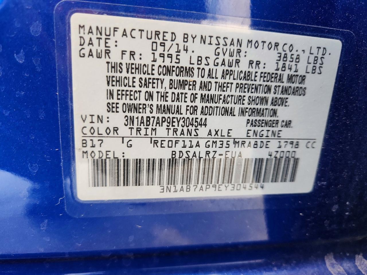 2014 Nissan Sentra Sr Blue vin: 3N1AB7AP9EY304544
