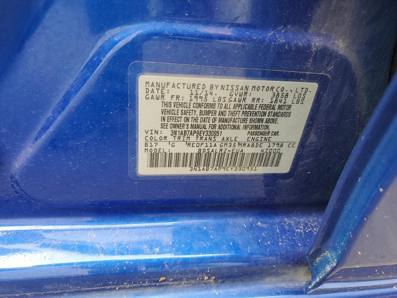 2014 Nissan Sentra Sr Blue vin: 3N1AB7AP9EY330951