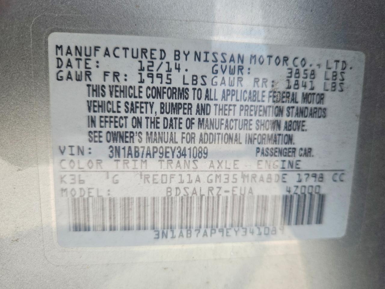 2014 Nissan Sentra S/sv/sr/sl Silver vin: 3N1AB7AP9EY341089