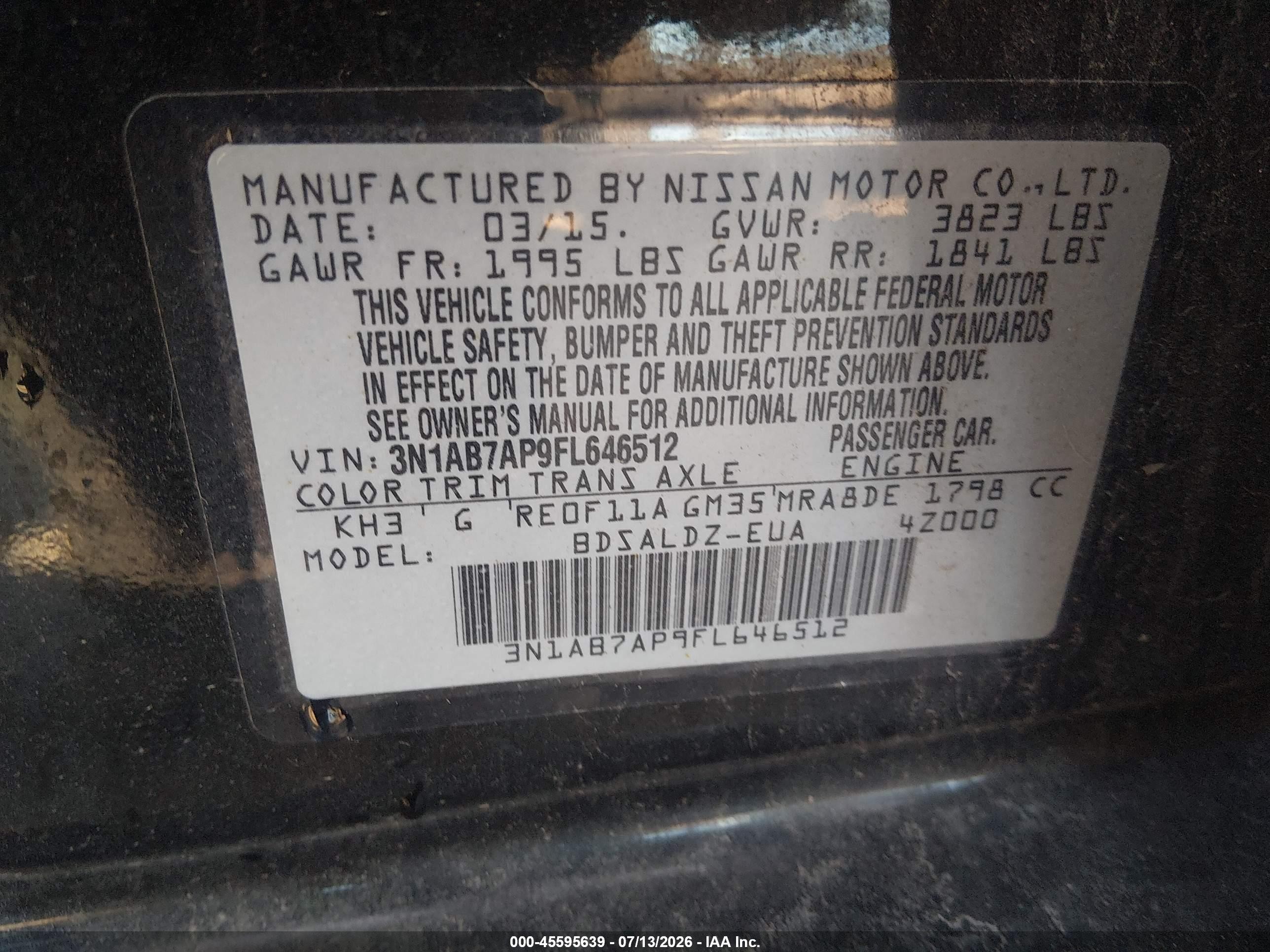 2015 Nissan Sentra Fe+ S/s/sl/sr/sv Black vin: 3N1AB7AP9FL646512