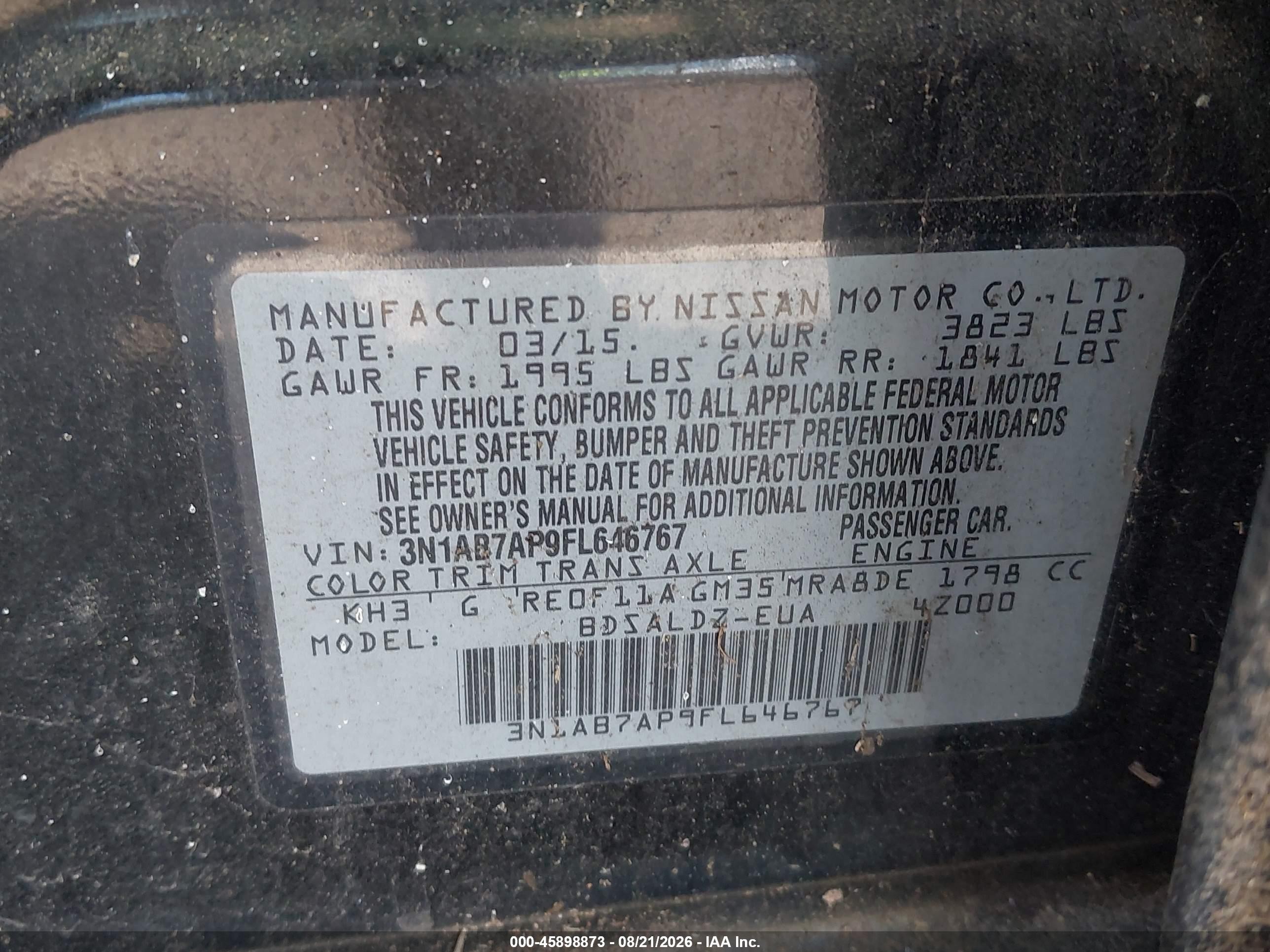 2015 Nissan Sentra Fe+ S/s/sl/sr/sv Black vin: 3N1AB7AP9FL646767