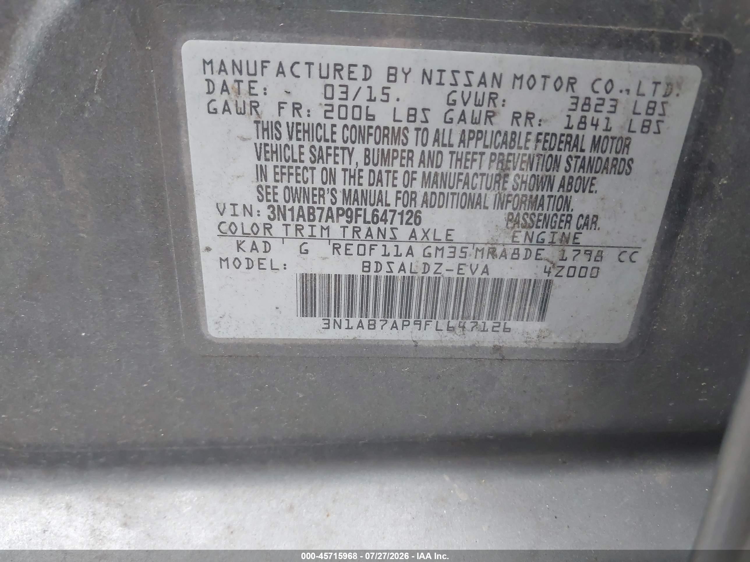2015 Nissan Sentra Fe+ S/s/sl/sr/sv Gray vin: 3N1AB7AP9FL647126