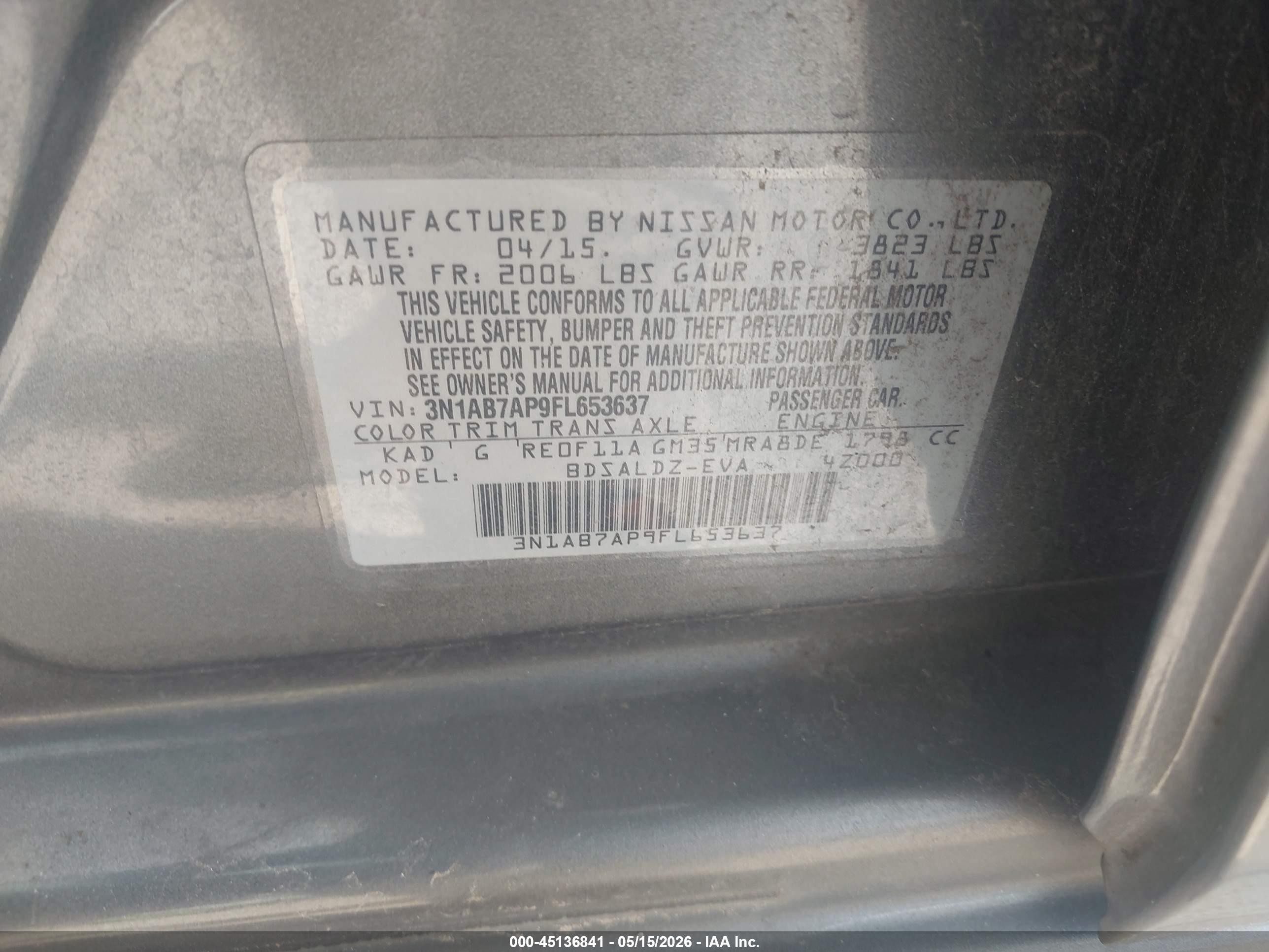 2015 Nissan Sentra Fe+ S/s/sl/sr/sv Gray vin: 3N1AB7AP9FL653637
