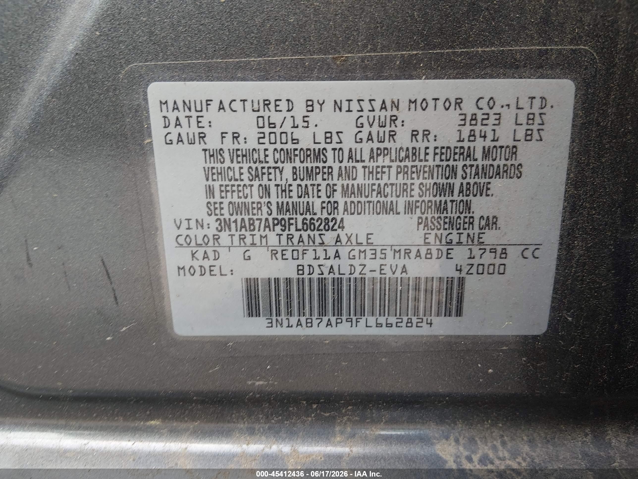 2015 Nissan Sentra Fe+ S/s/sl/sr/sv Серый vin: 3N1AB7AP9FL662824